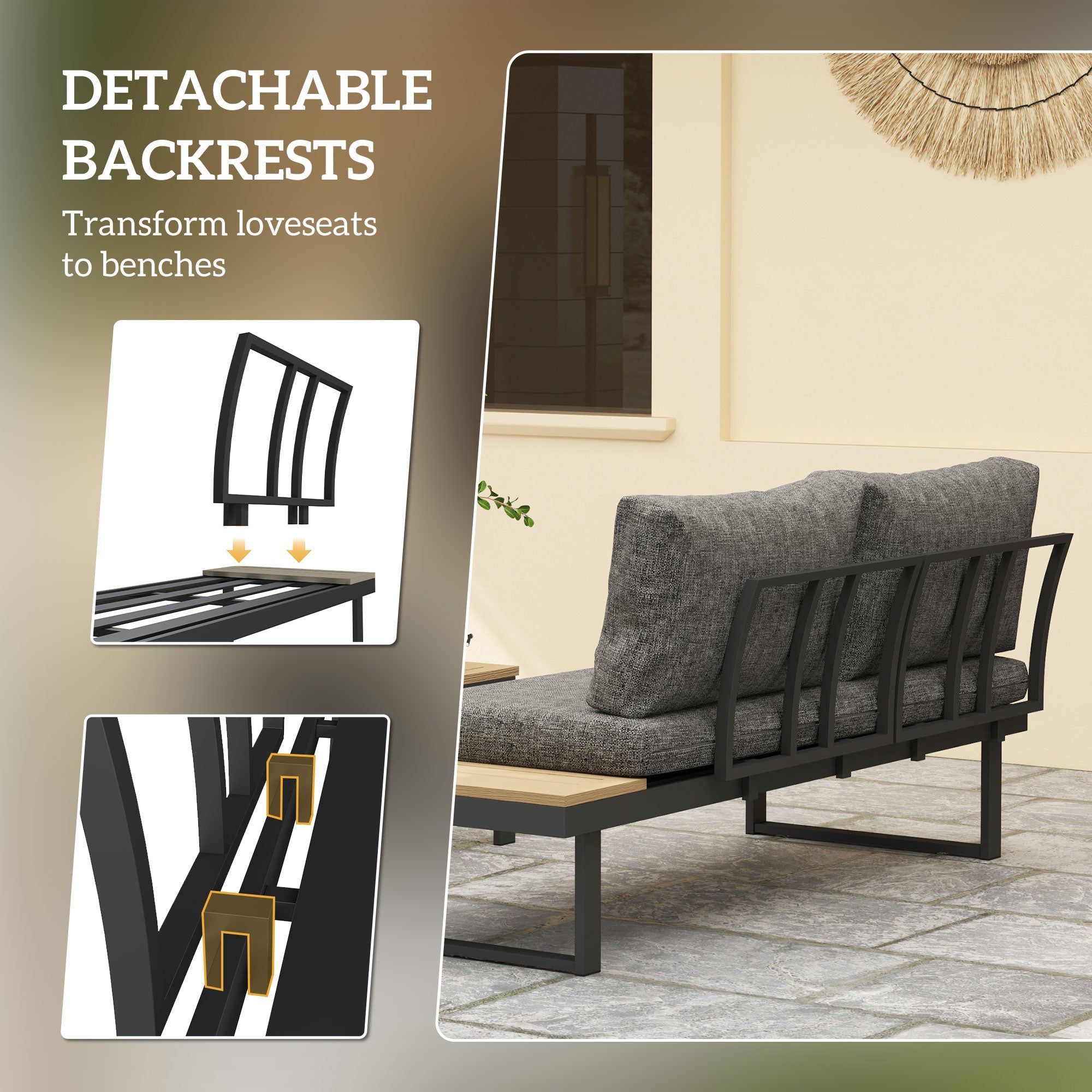 Outsunny 3 Pieces Aluminum Corner Patio Furniture Set Sectional Outdoor Sofa Set with 2 Loveseats Wood-Plastic Coffee Table Grey