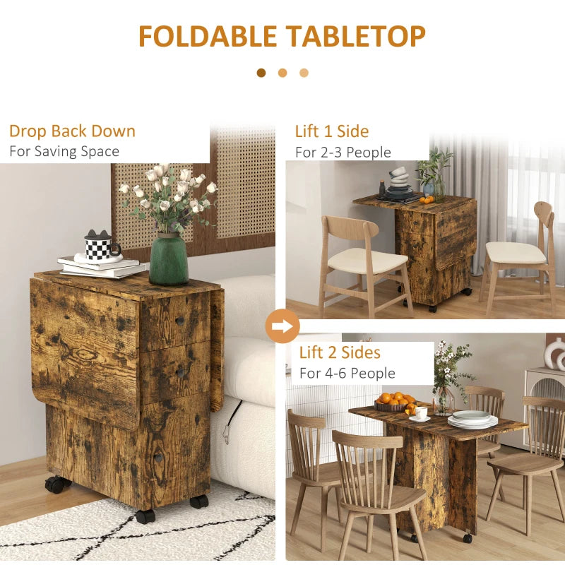 Drop Leaf Dining Table, Mobile Folding Table on Wheels with Drawers and Cabinet for Dining Room, Kitchen, Rustic Brown