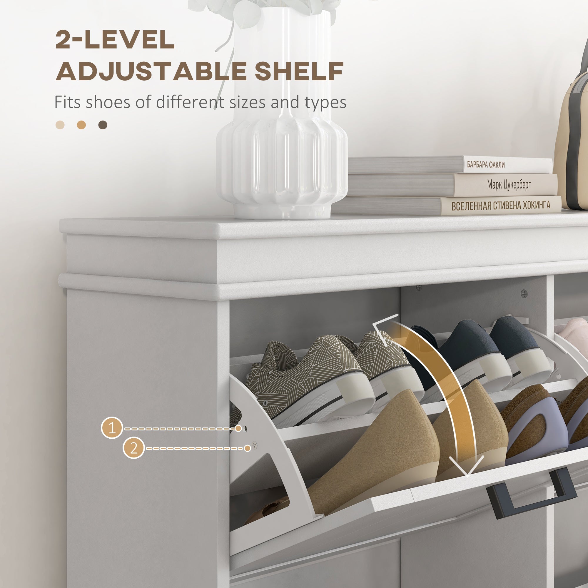 HOMCOM Space-Saving Shoe Storage Cabinet 4 Flip Drawers Adjustable Shelves for 20 Pairs Shoes White