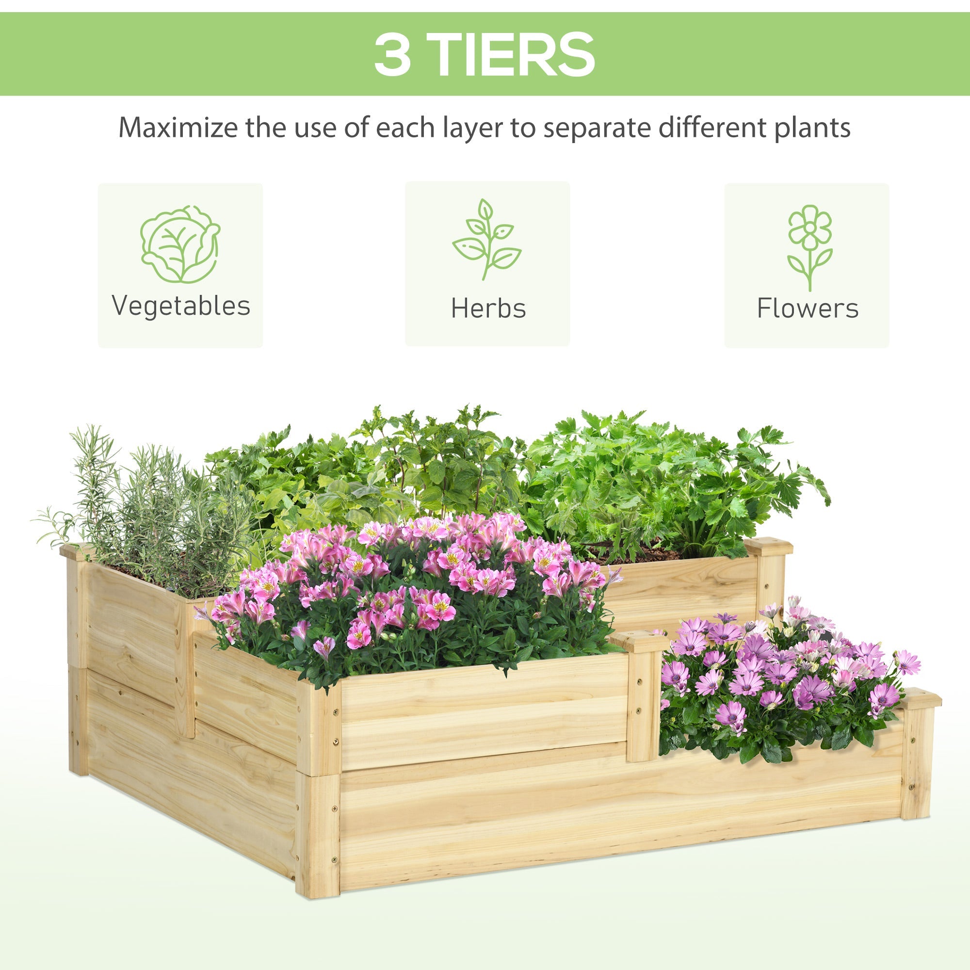 Outsunny 3-Tier Wooden Raised Garden Bed: Planter Box Kit for Growing Veggies, Herbs & Flowers in Natural Finish