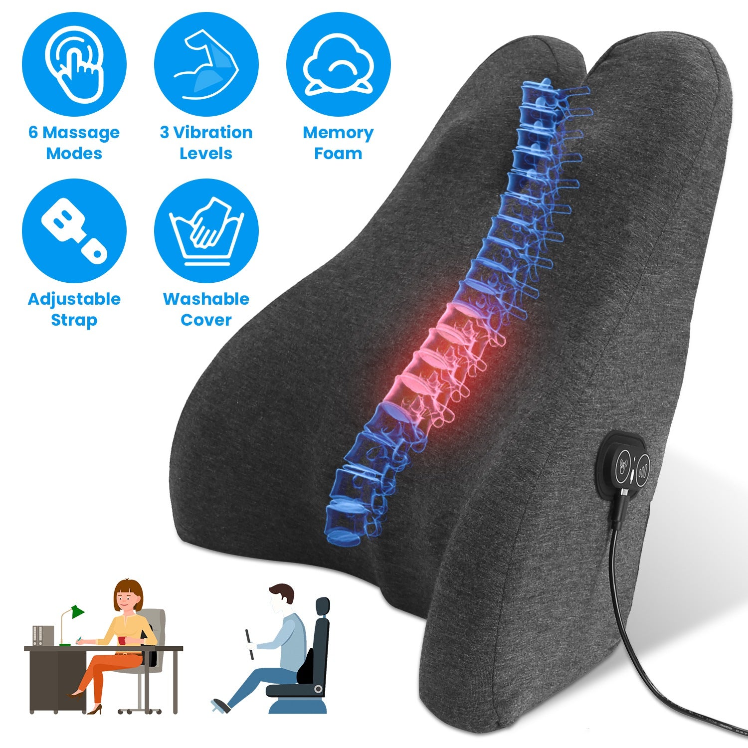 Lumbar Support Pillow For Office Chair Car Seat Home Dining Chair Soft Memory Foam Back Support Cushion With Vibration Washable Cover Elastic Strap Ba