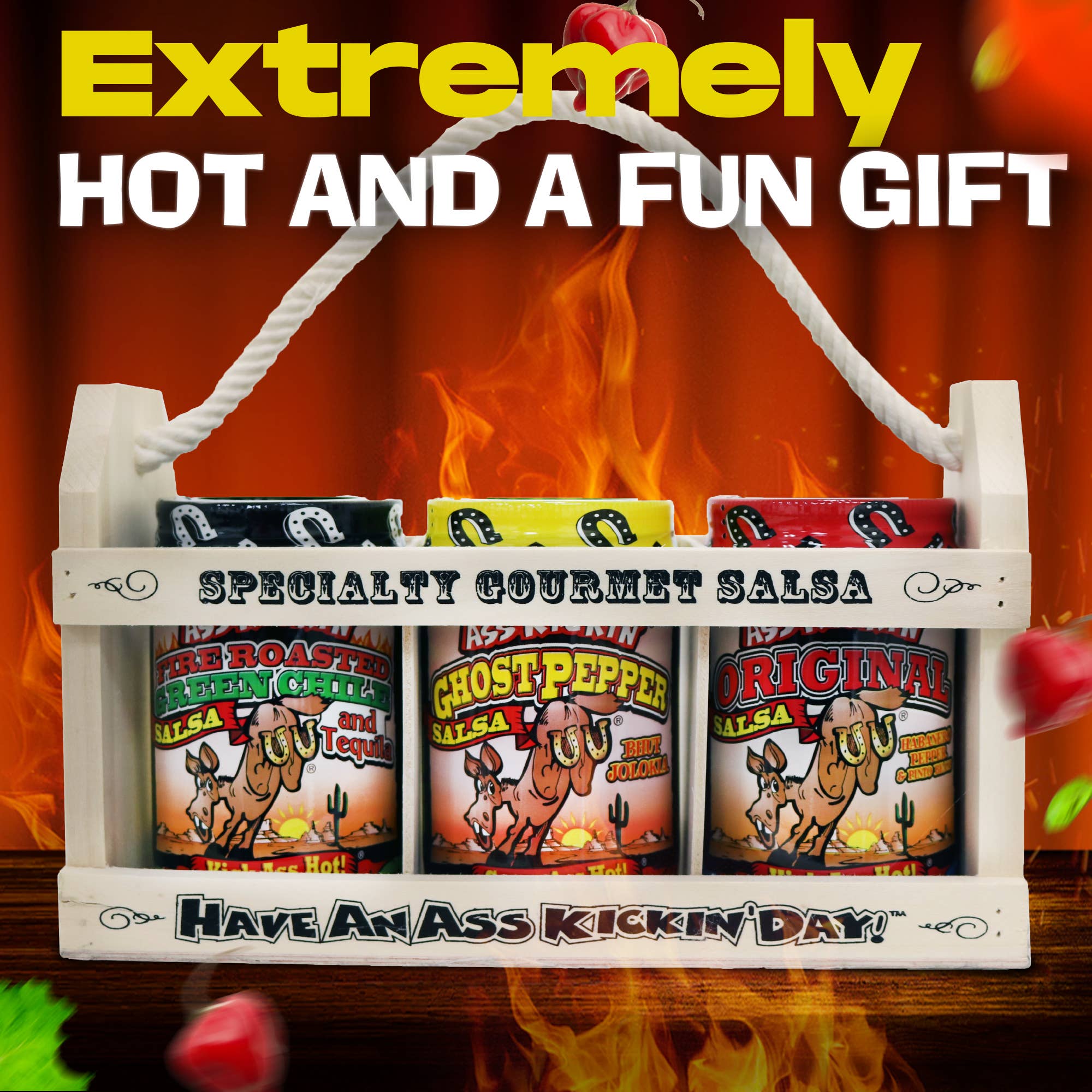 Ass Kickin’ Salsa Wooden Crate Gift Set: Three Jars of 13 oz. (384mL) Ass Kickin’ Salsa.• Ass Kickin’ Original Salsa• Ass Kickin’ Margarita Salsa (Mild)• Ass Kickin’ Roasted Garlic Salsa