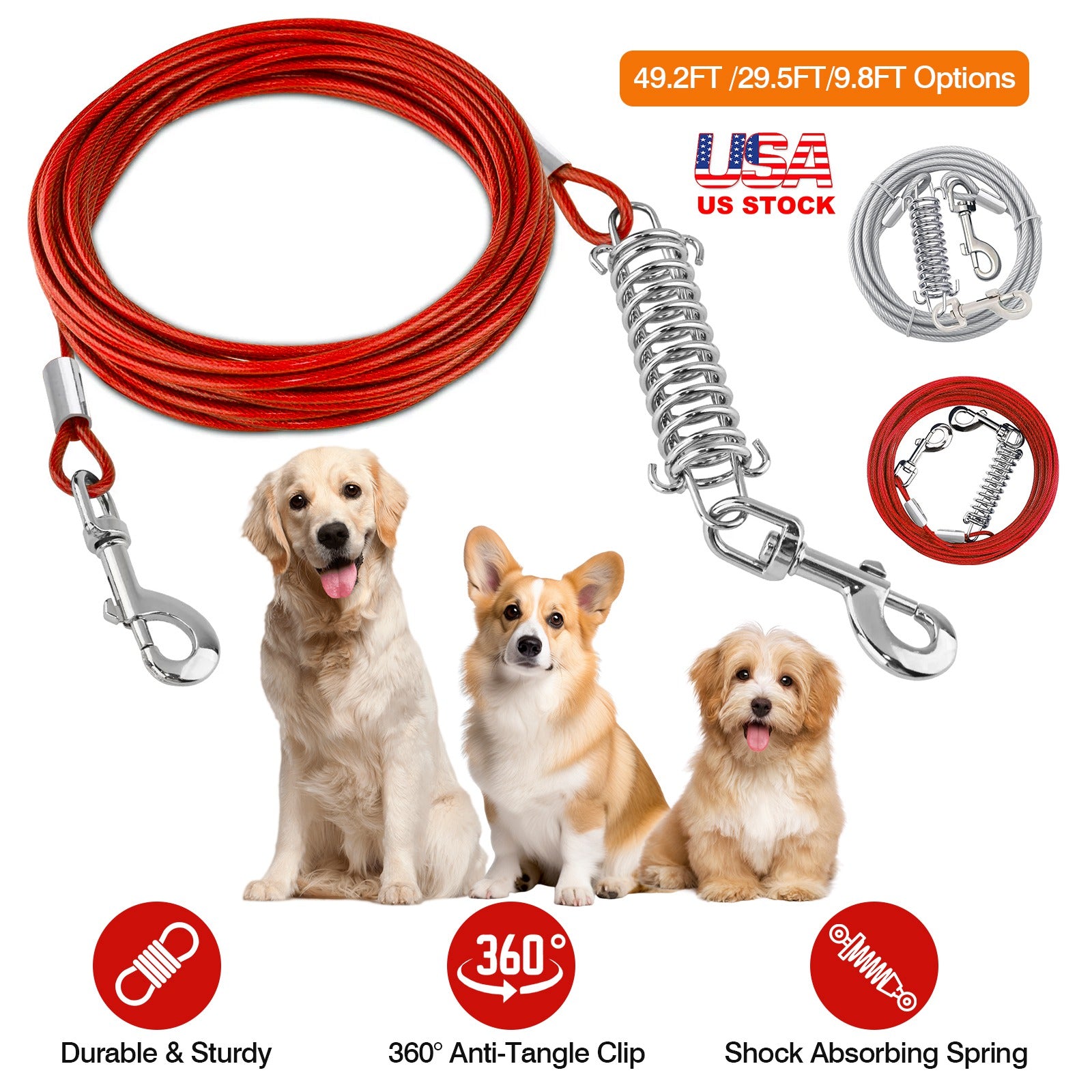 29.5FT Dog Tie Out Cable Long Dog Leash Chew Proof Lead Dog Chain with Durable Spring 360° Rotatable Clips PVC Case for Outside Yard Caming