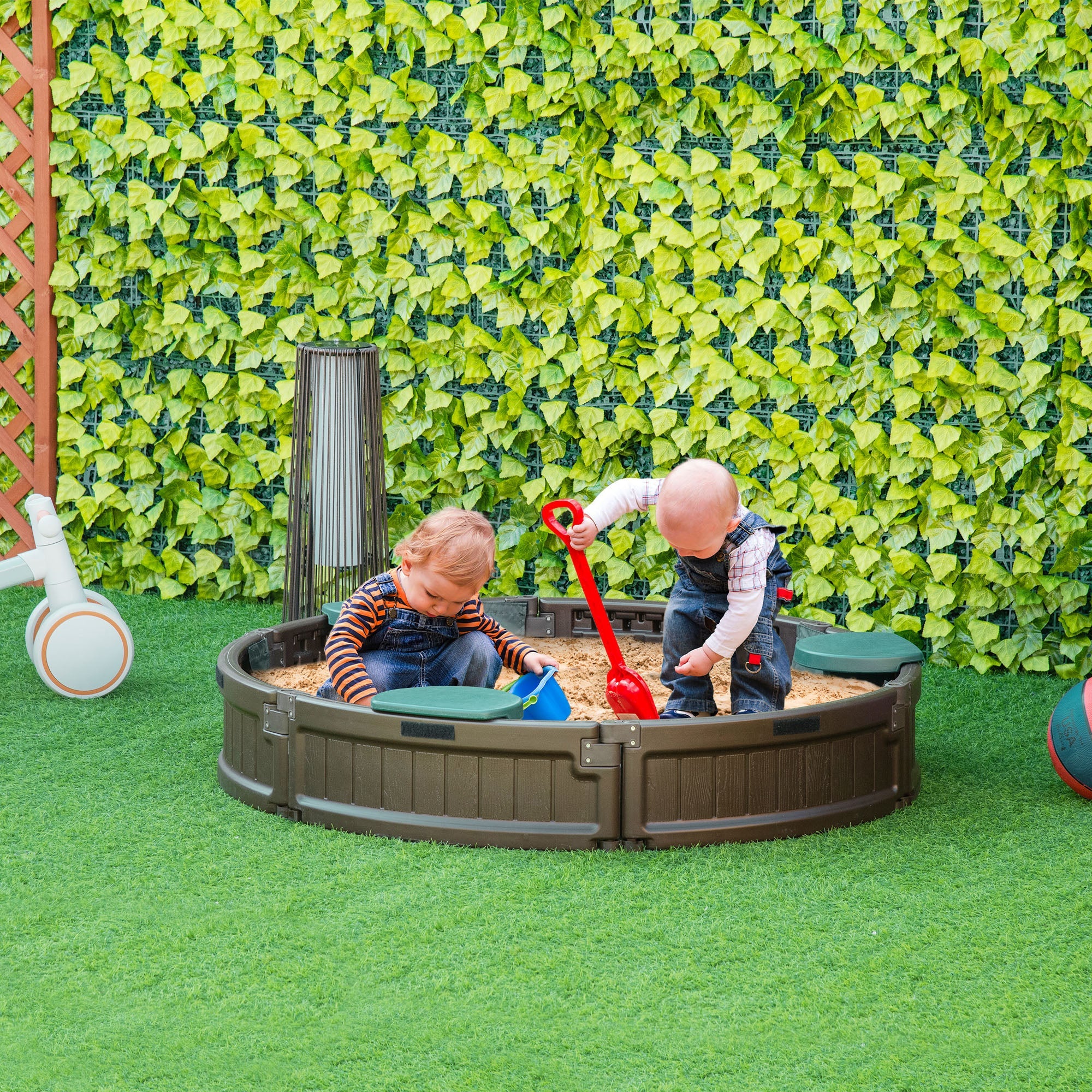 Outsunny Round Sandbox for Kids Outdoor Play with Waterproof Canopy Bottom Liner Childrens Garden Playset Brown