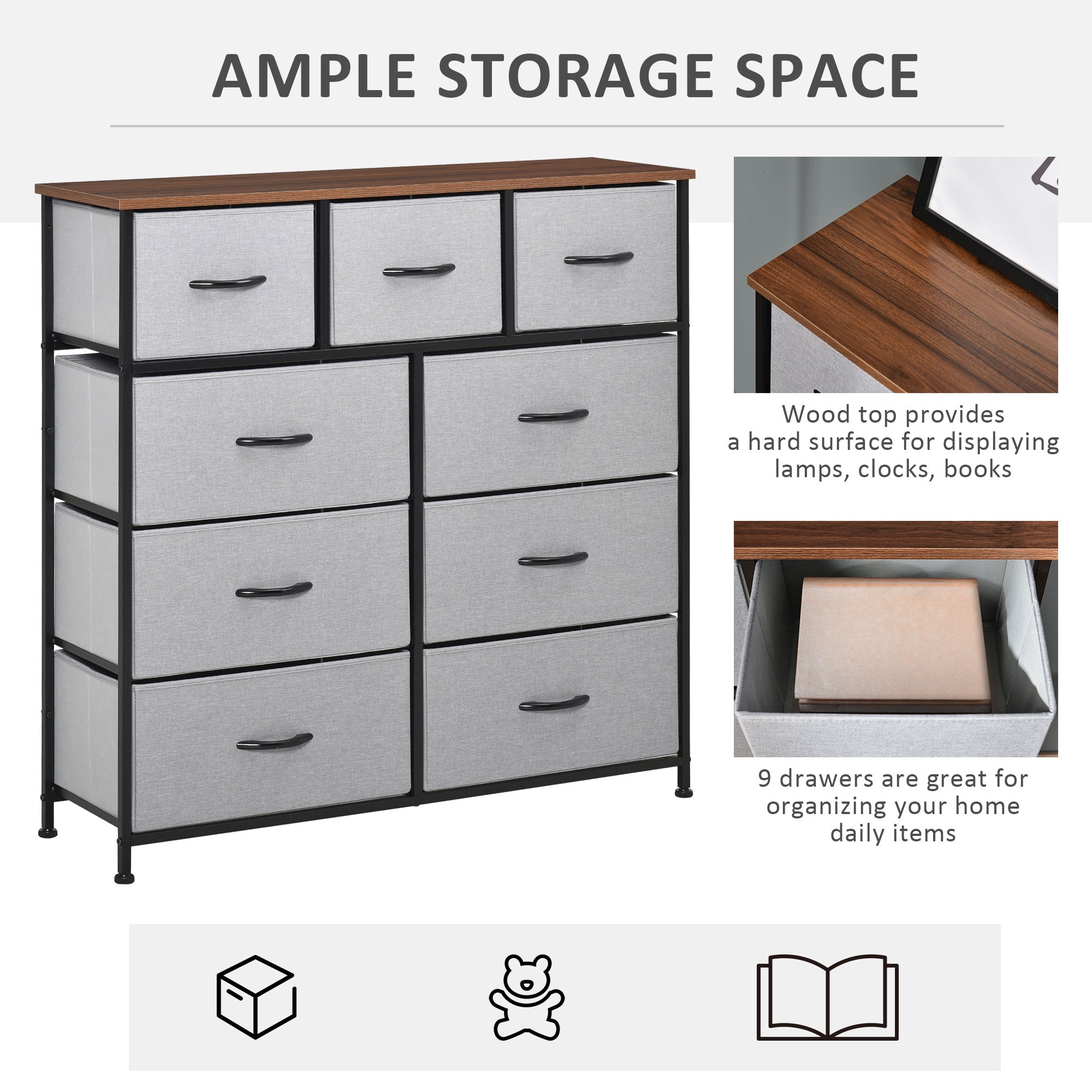 HOMCOM 9-Drawer Storage Dresser: Fabric Bins, Steel Frame & Wood Top for Living Spaces