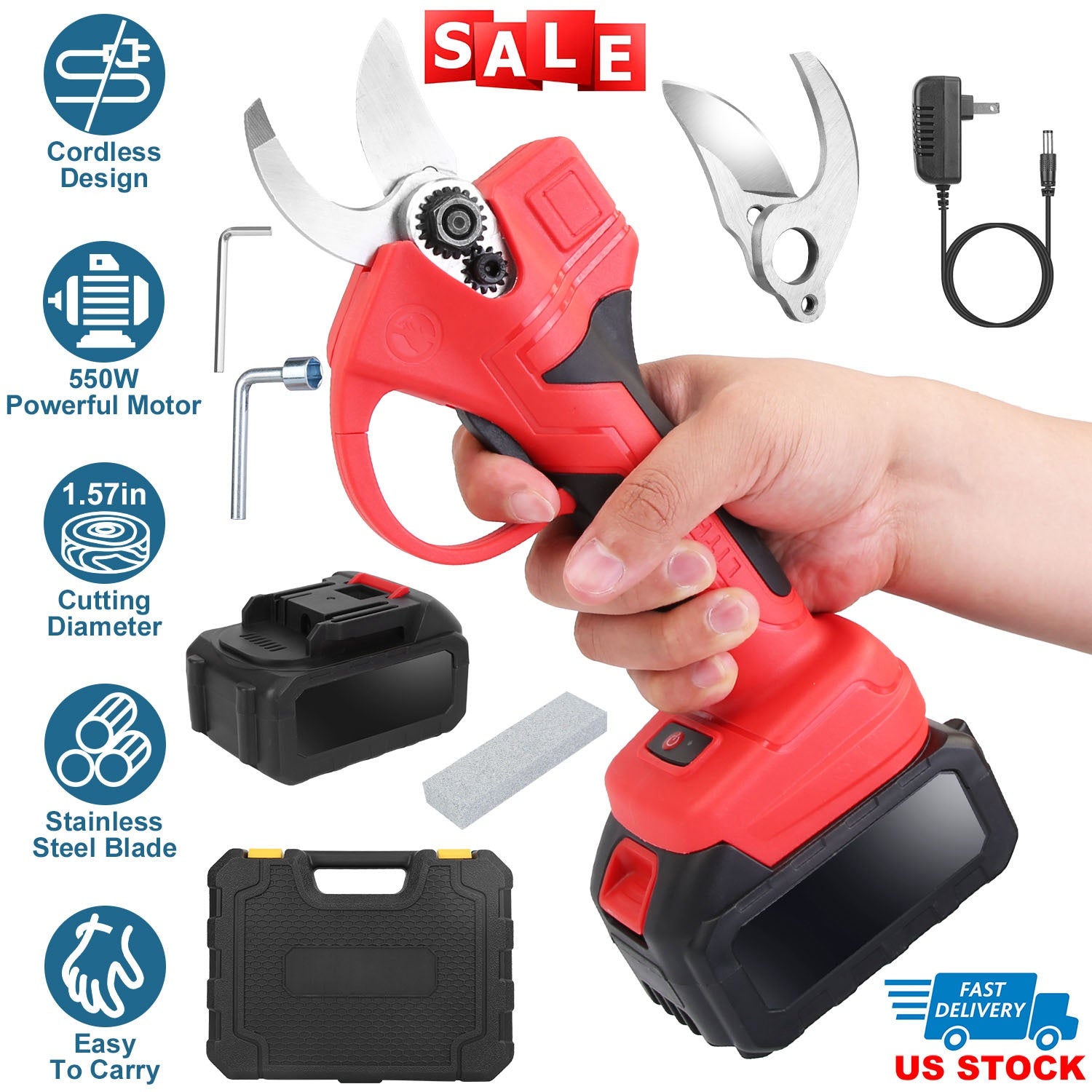 21V Cordless Electric Pruning Shears 40mm 1.57" Electric Branch Scissors Tree Branch Cutter with 2 Rechargeable Batteries Sharpening Stone Blade Repla