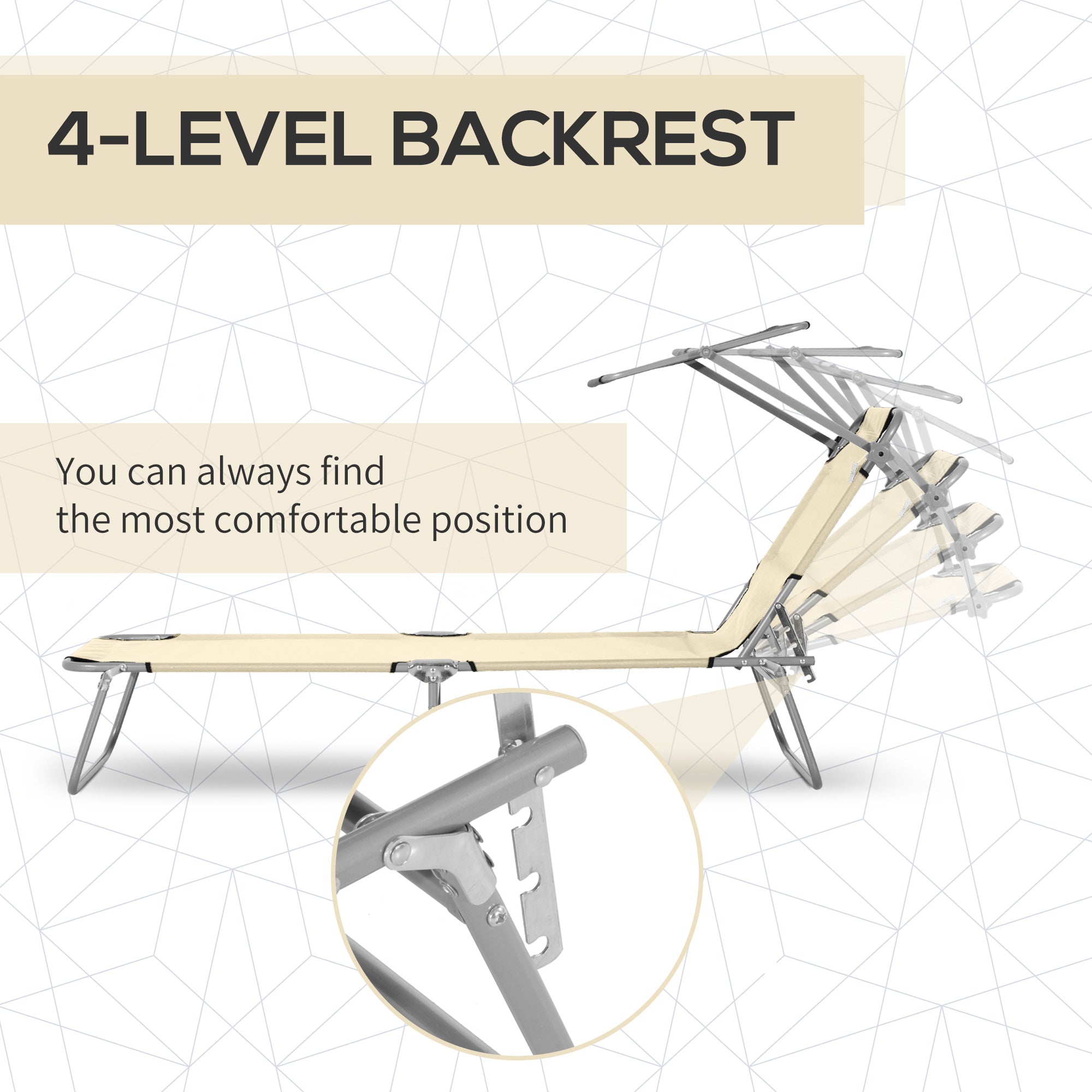 Outsunny Outdoor Lounge Chair with Sun Shade Adjustable for Beach Camping Hiking Backyard Comfortable Beige