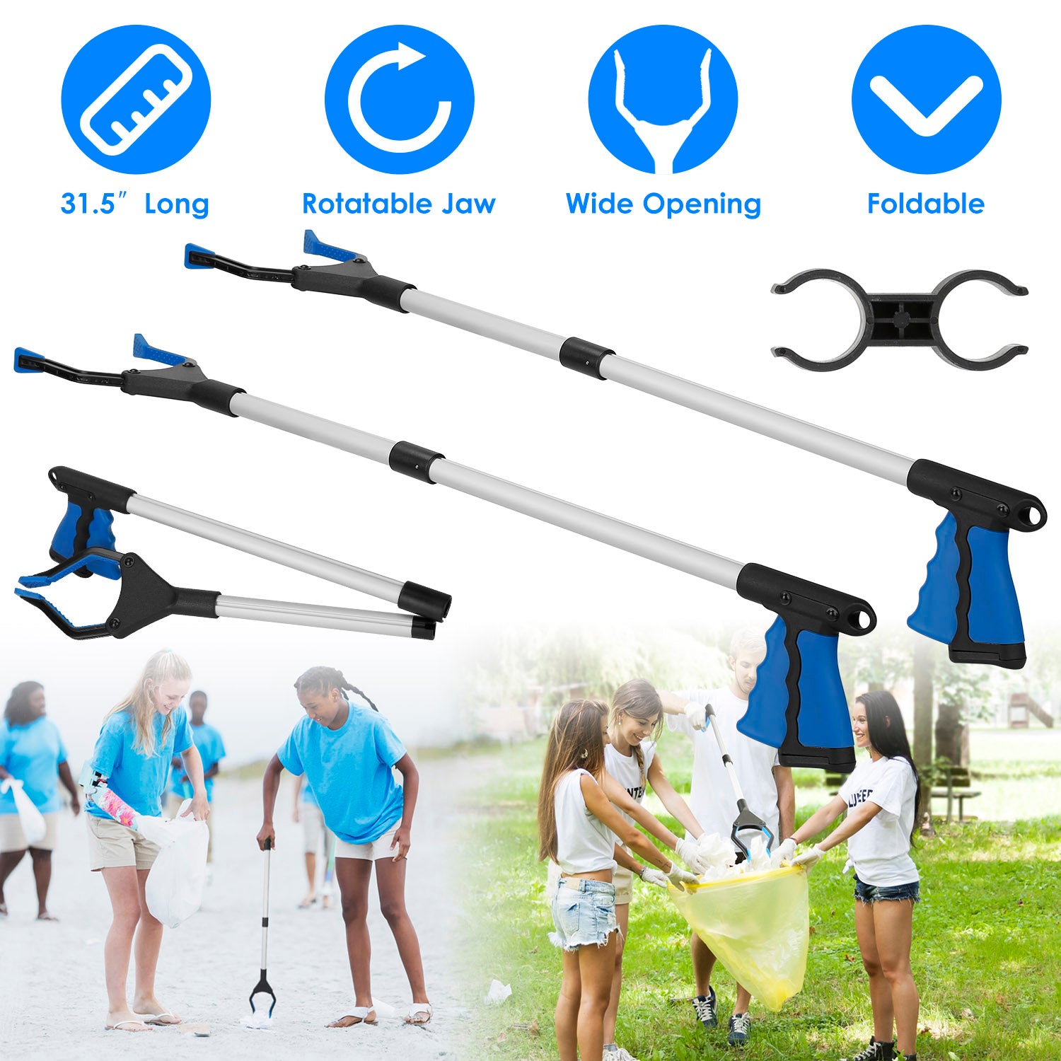 2 Pack 31.5” Folding Grabber Pick up Reaching Tool Hand Grip Heavy Duty Aid Trash Stick Litter Picker