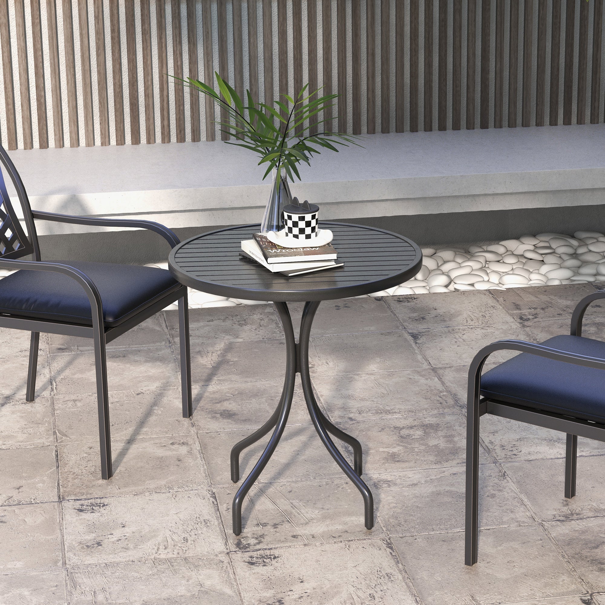 Outsunny 26" Round Outdoor Side Table with Steel Frame Slat Tabletop Patio Garden Balcony Furniture Black