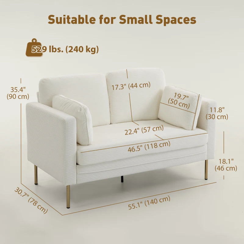 Loveseat Sofa, 55" Small Sofa Couch with 2 Pillows, Metal Legs for Living Room, Bedroom, Apartment, Cream White