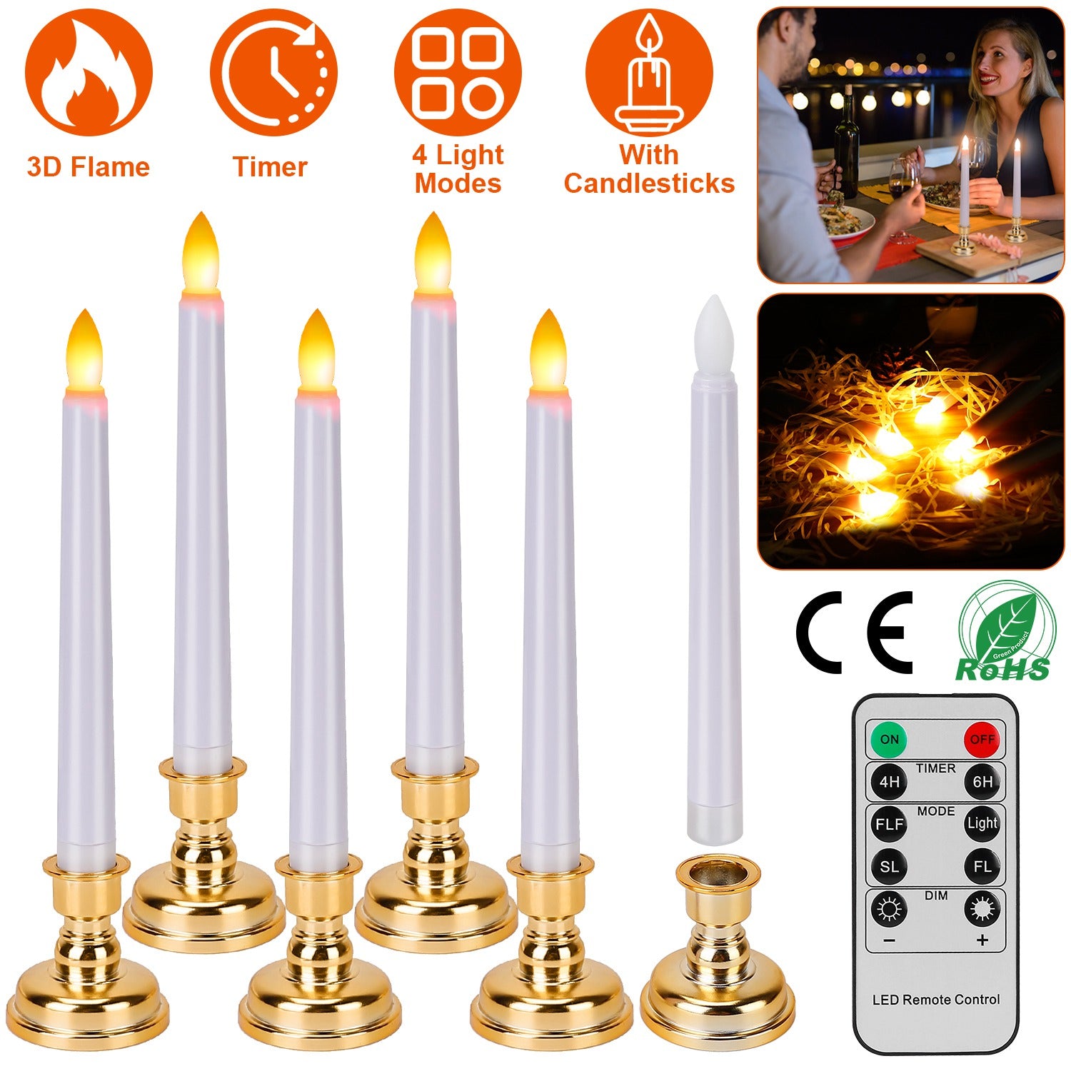 6 Packs Flameless Taper Candles 9.8in Electric LED Candles Warm White w/ 4 Light Modes Remote Control Timer Removable Candlesticks