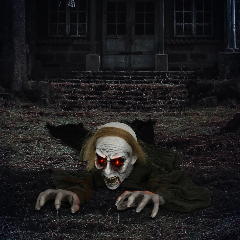 HOMCOM 66" Outdoor Halloween Crawling Zombie – Animated Prop with Sound Activation & Light-Up Eyes
