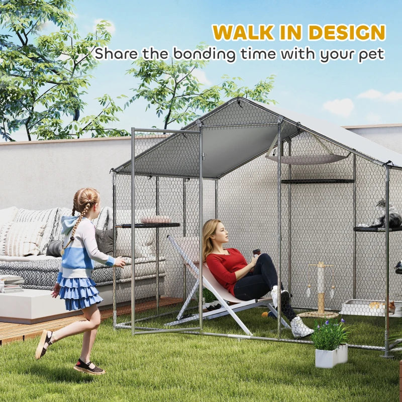 Large Catio Outdoor Cat Enclosure with Waterproof Cover, Walk-in Cat Patio w/ 5 Adjustable Platforms & Hammock 94.5" W