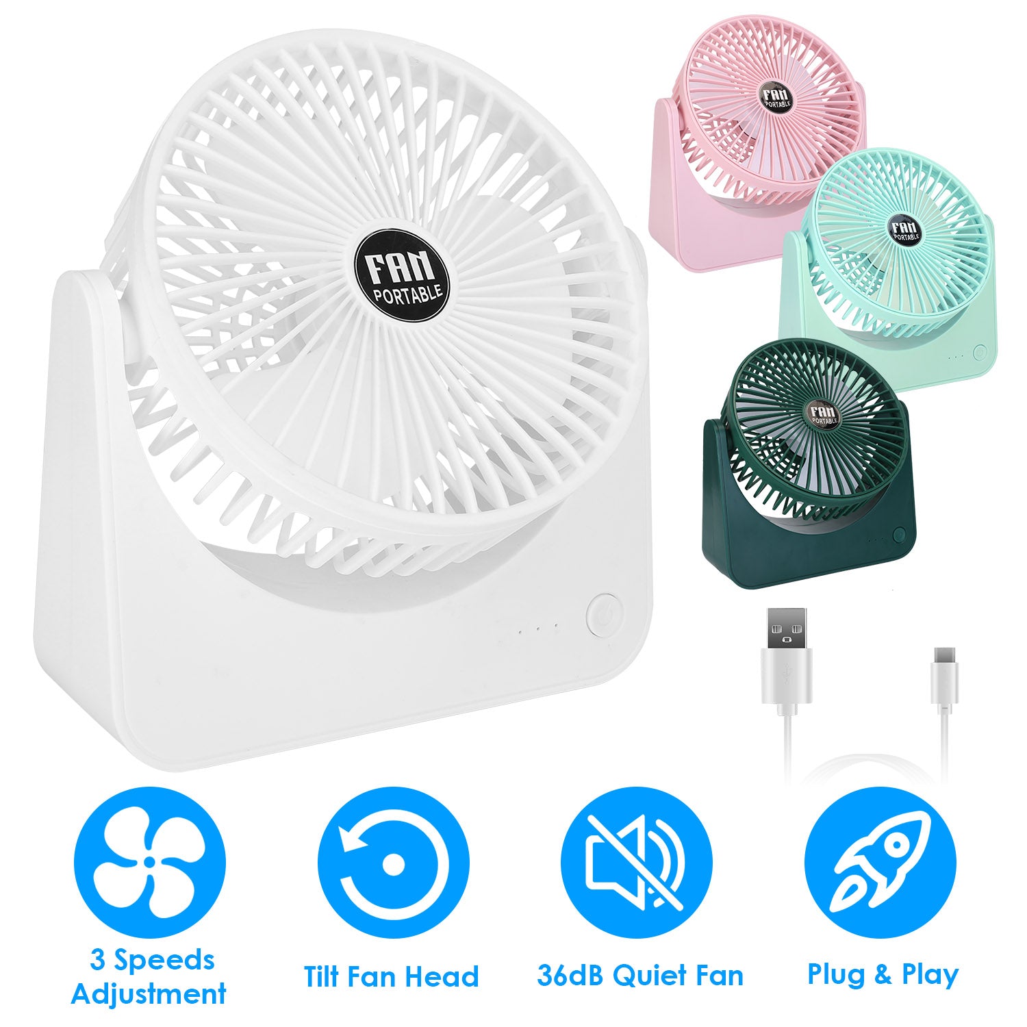 6.5in Desk Fan USB Powered 3 Speeds Table Cooling Fan Tilt Quiet Desktop Fan for Bedroom Office