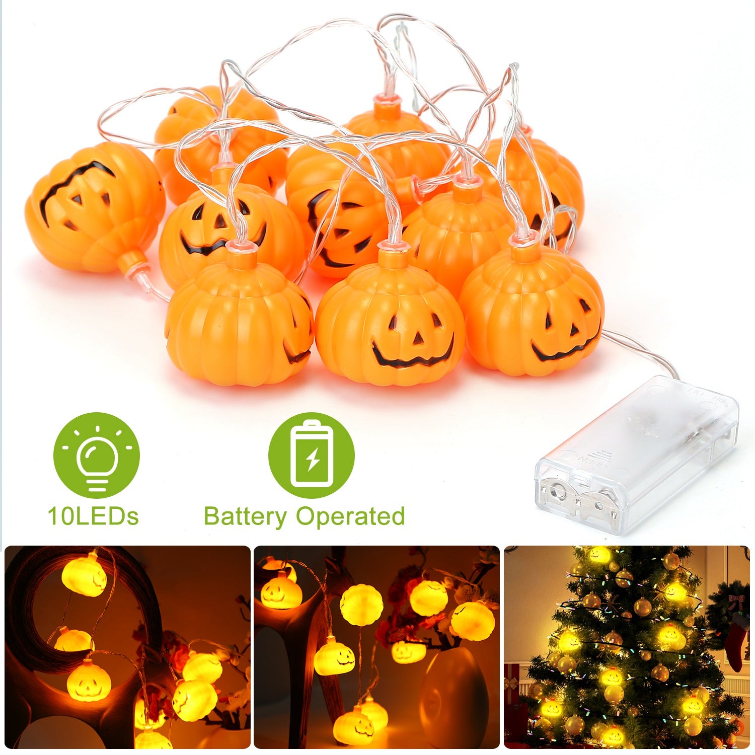 Halloween String Lights 59IN Total Length Pumpkin LED Lamps Battery Powered Decorative Holiday Lights For Indoor Decor