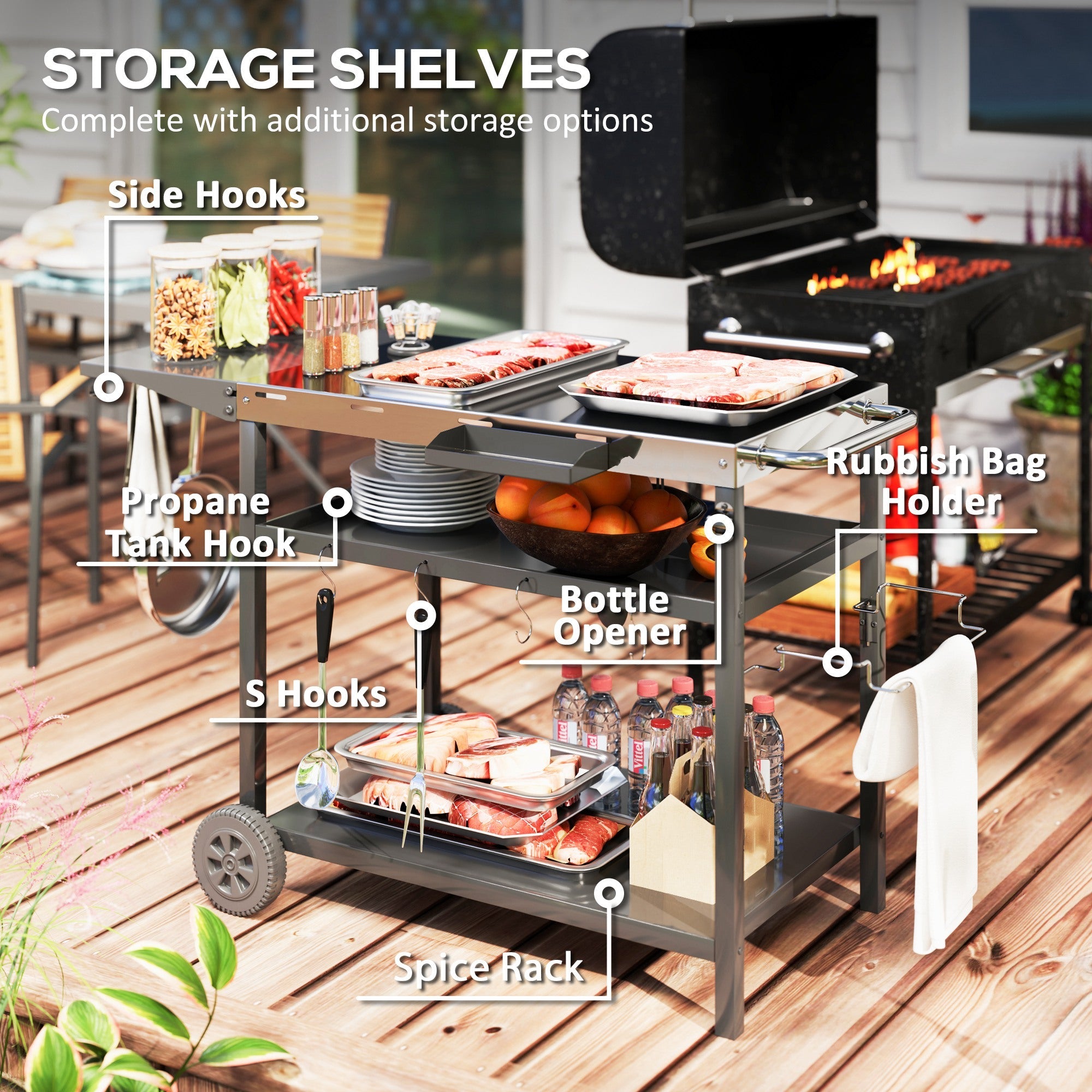 Outsunny Outdoor Bar Cart BBQ Table with Wheels, Stainless Steel Pizza Oven Stand, Outdoor Kitchen Cart with Storage and Hooks