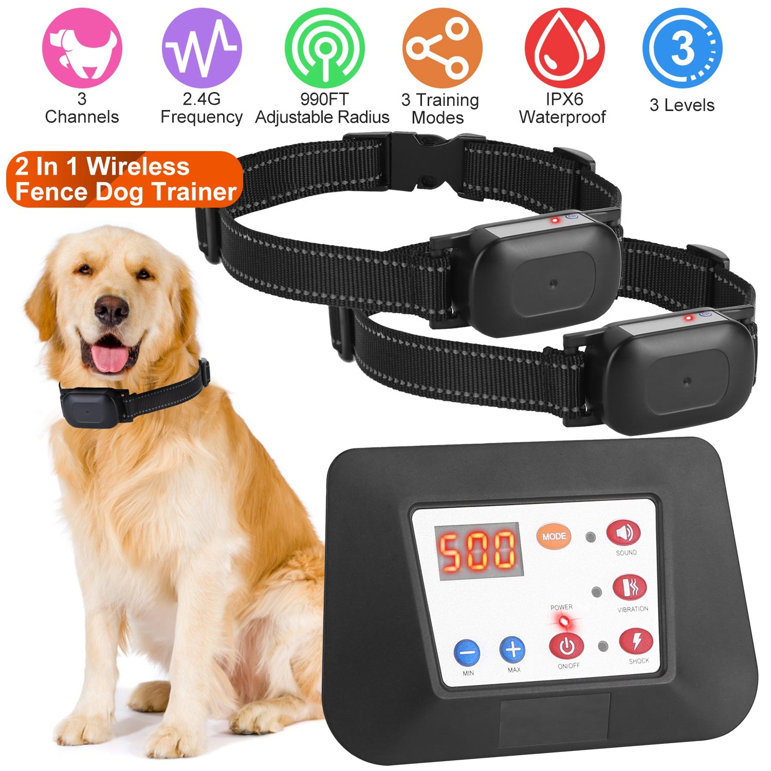 990FT Radius Dog Training Collar Wireless Fence IPX6 Waterproof Pet Beep Vibration Electric Shock Fence System 3 Channels Rechargeable Transmitter Rec