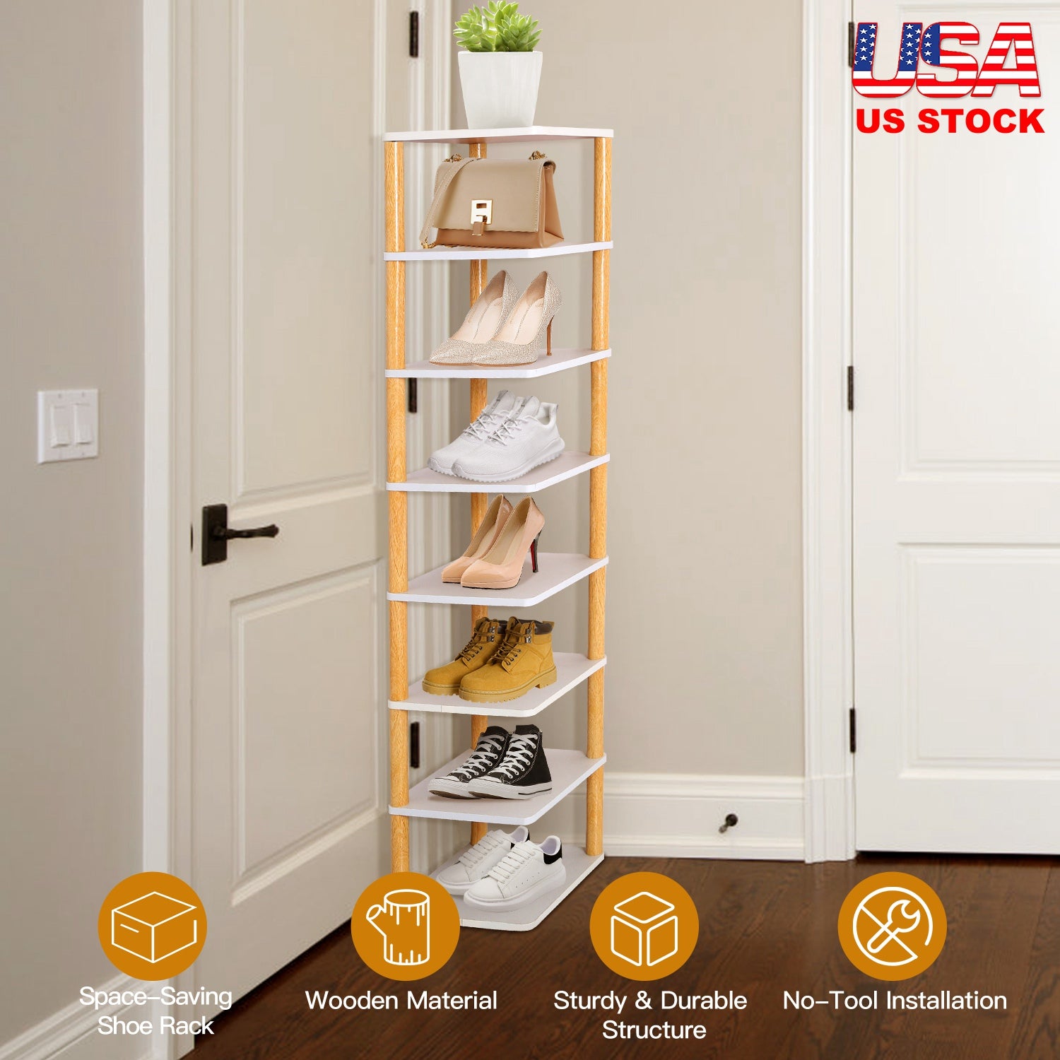 8 Tier Entryway Wooden Shoe Rack Vertical Shoe Shelf Stand Storage Organizer Small Space Saving Corner Shoe Tower Entryway Hallway Closet