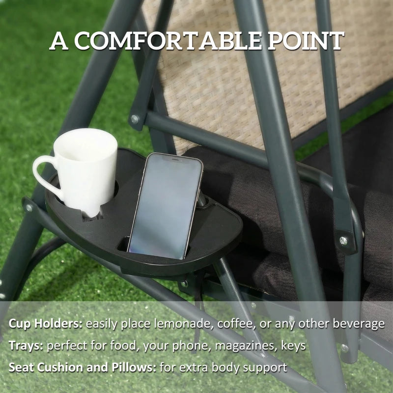 Outdoor 3-Seat Porch Swing with Canopy, Rattan Seat, Removable Cushion, Pillows and Steel Frame