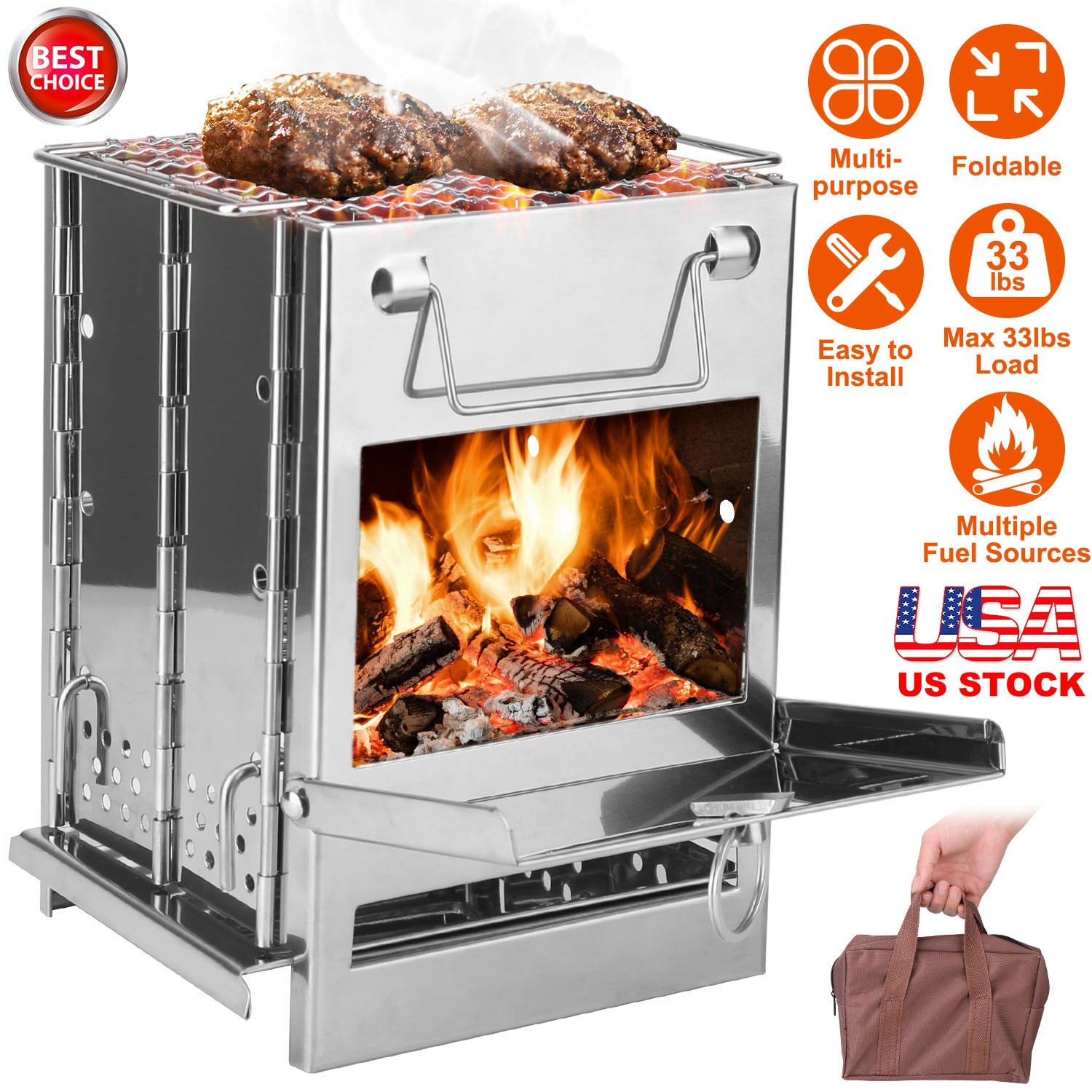 Portable Backpacking Stove for Camping Hiking Picnic BBQ Outdoor Cooker Folding Travel Charcoal Stove with Handle Carry Bag 2 Bolts