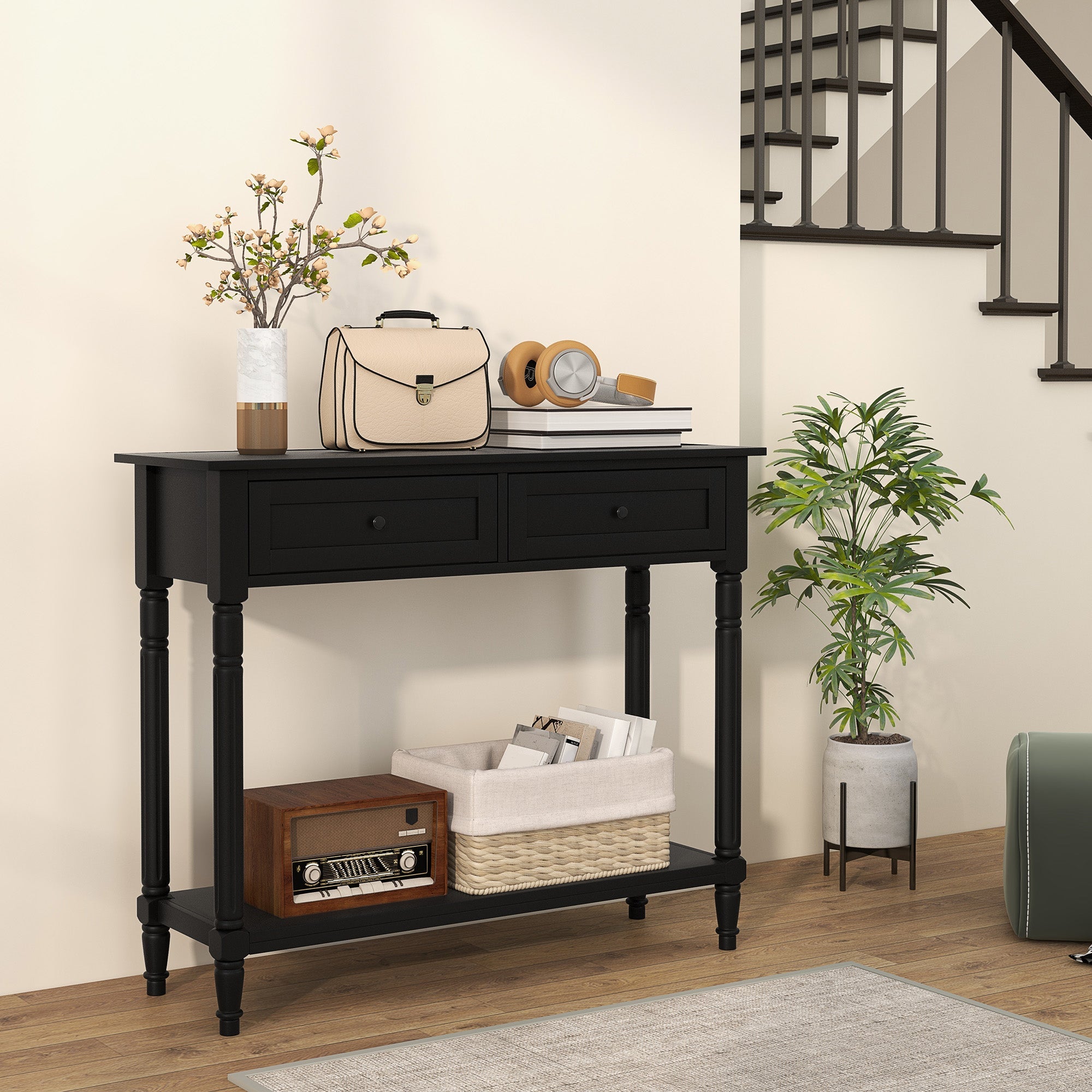 HOMCOM Hallway Console Table, Modern Entryway Table with 2 Drawers, Storage Shelf, Turned Legs for Living Room, Bedroom, Black