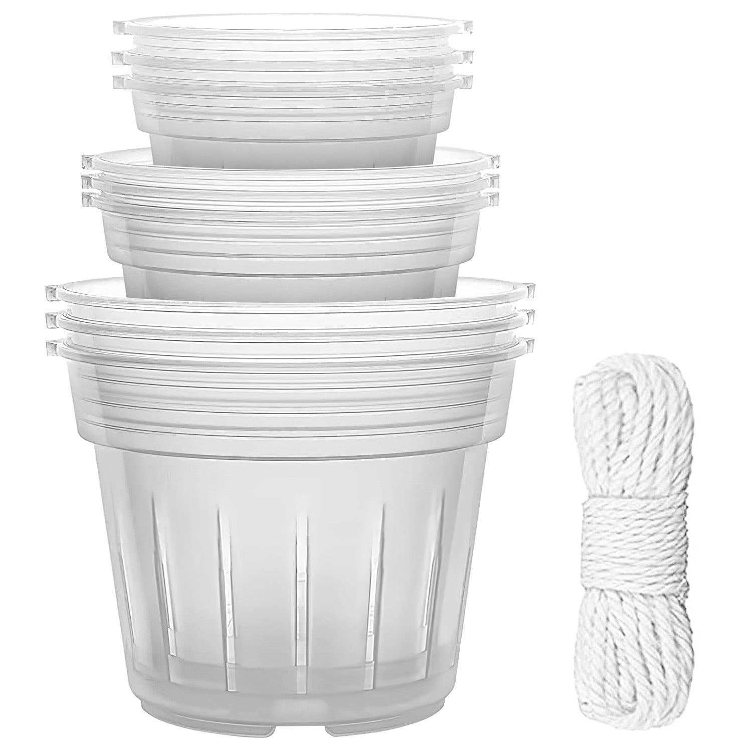 9Pcs Orchid Pots Clear Reusable Plastic Flower Plant Nursery Planter Seed Starter Pots with Drainage Holes with 32.8FT Rope 4.72in/5.51in/6.29in