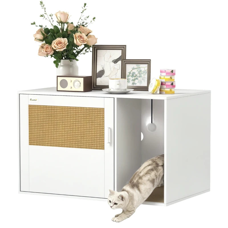 Cat Litter Box Enclosure, Cat Washroom End Side Table with Rattan Door, Scratching Pad, Non-slip Foot Pads, White
