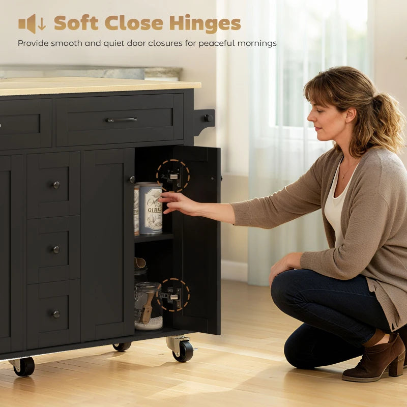 Kitchen Island Cart with Power Outlet & Drop Leaf, 55" Rolling Kitchen Island on Wheels with Storage, Black