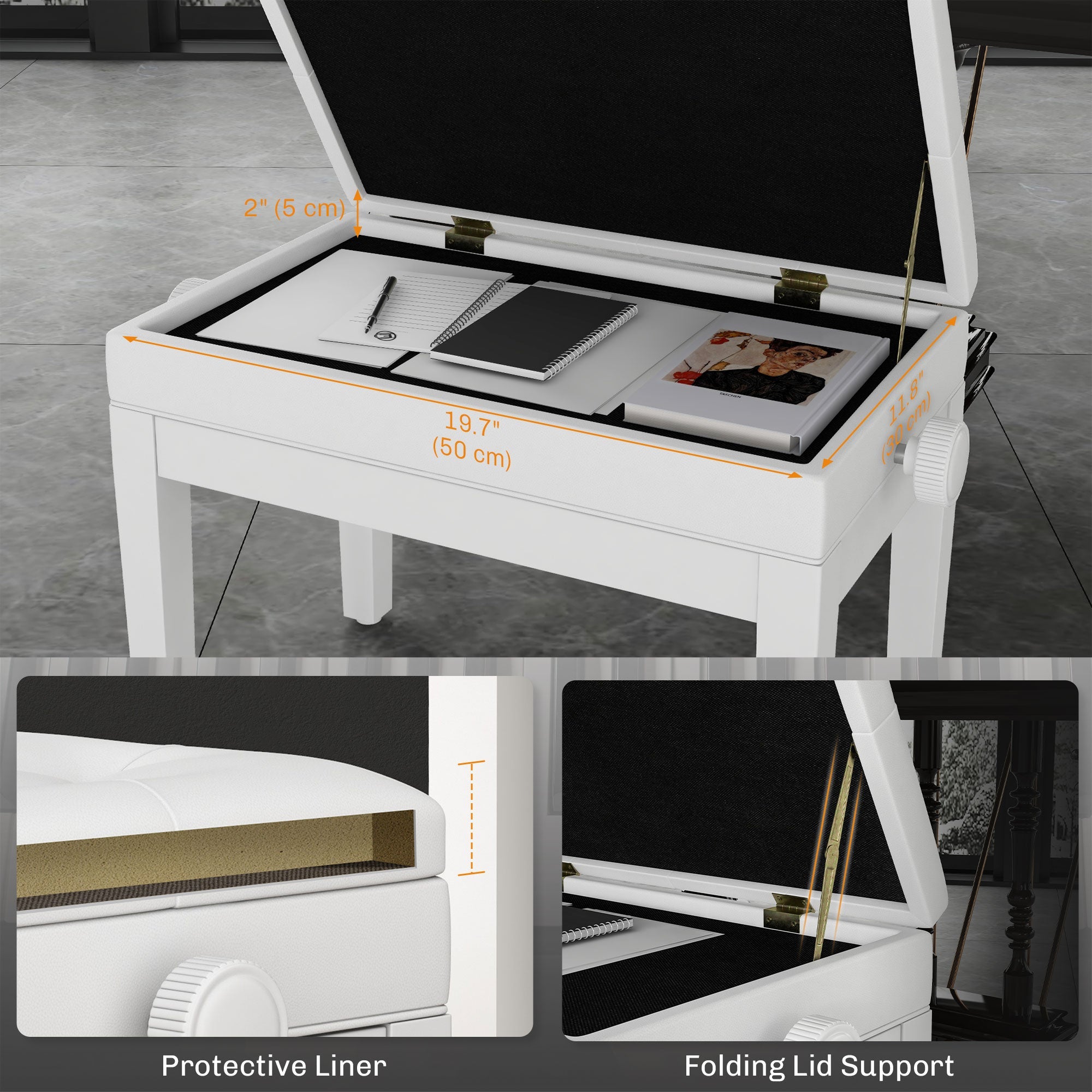 HOMCOM Adjustable Piano Bench with Storage and Soft PU Leather Padded, with Enough Music Storage Design, White