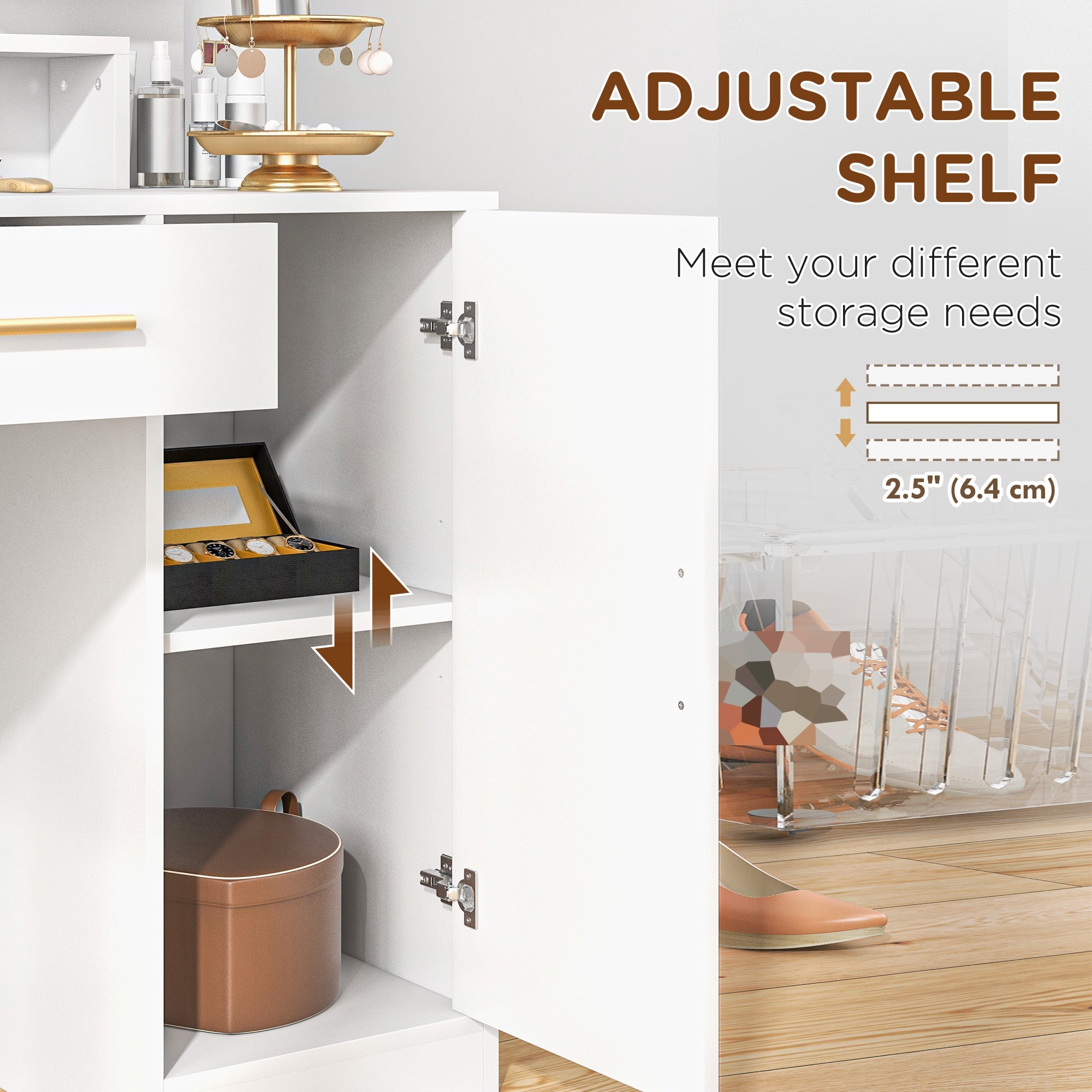 HOMCOM Illuminated Dressing Table Set, LED Vanity Table Set with Stool, LED Mirror, Drawer and Cabinet Shelves for Bedroom