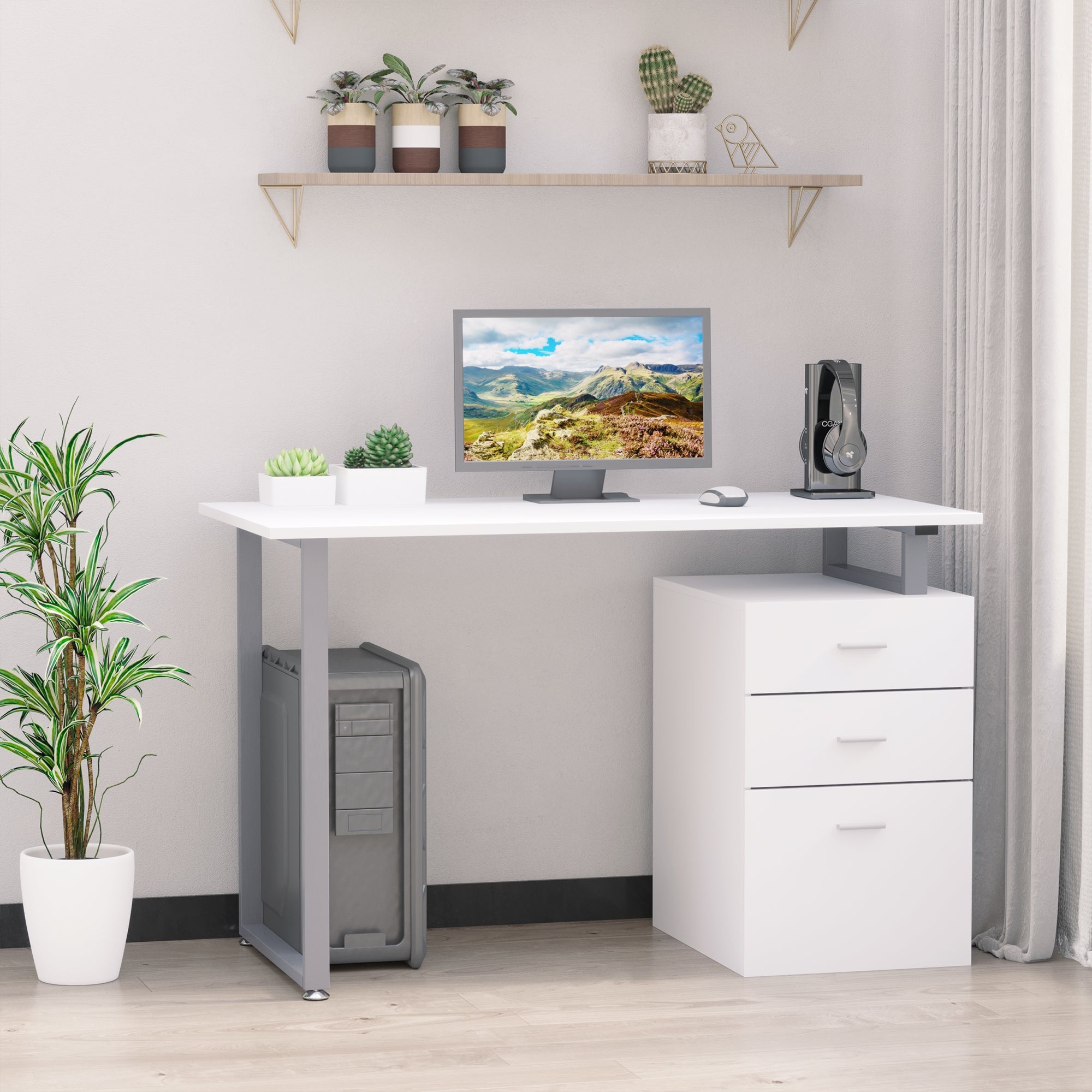 HOMCOM 47" White Computer Desk - Versatile Writing Table Workstation with Reversible File Drawers & Metal Frame