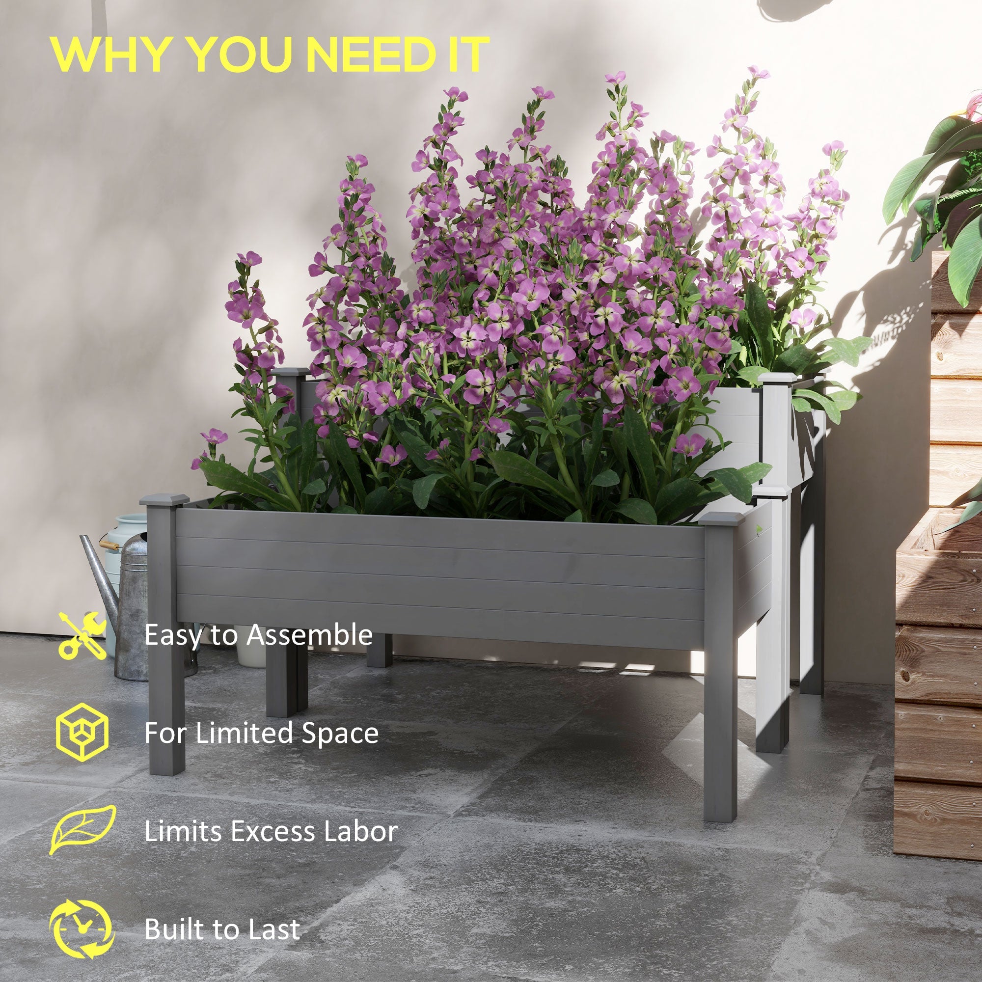 Outsunny Wood Plant Raised Bed 2 Tiers Flower Vegetable Herb Grow Box Stand Garden Grey