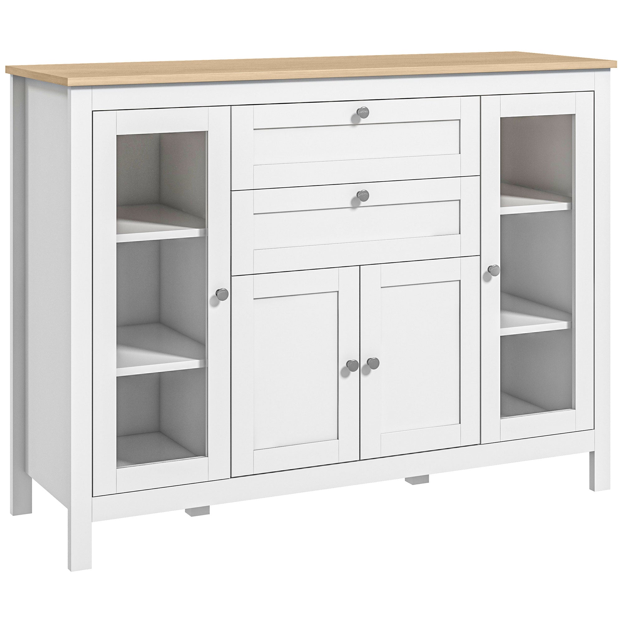 HOMCOM Oak and White Buffet Cabinet: Modern Sideboard with Glass Door Storage Cupboard and Adjustable Shelves for Kitchen, Living Room