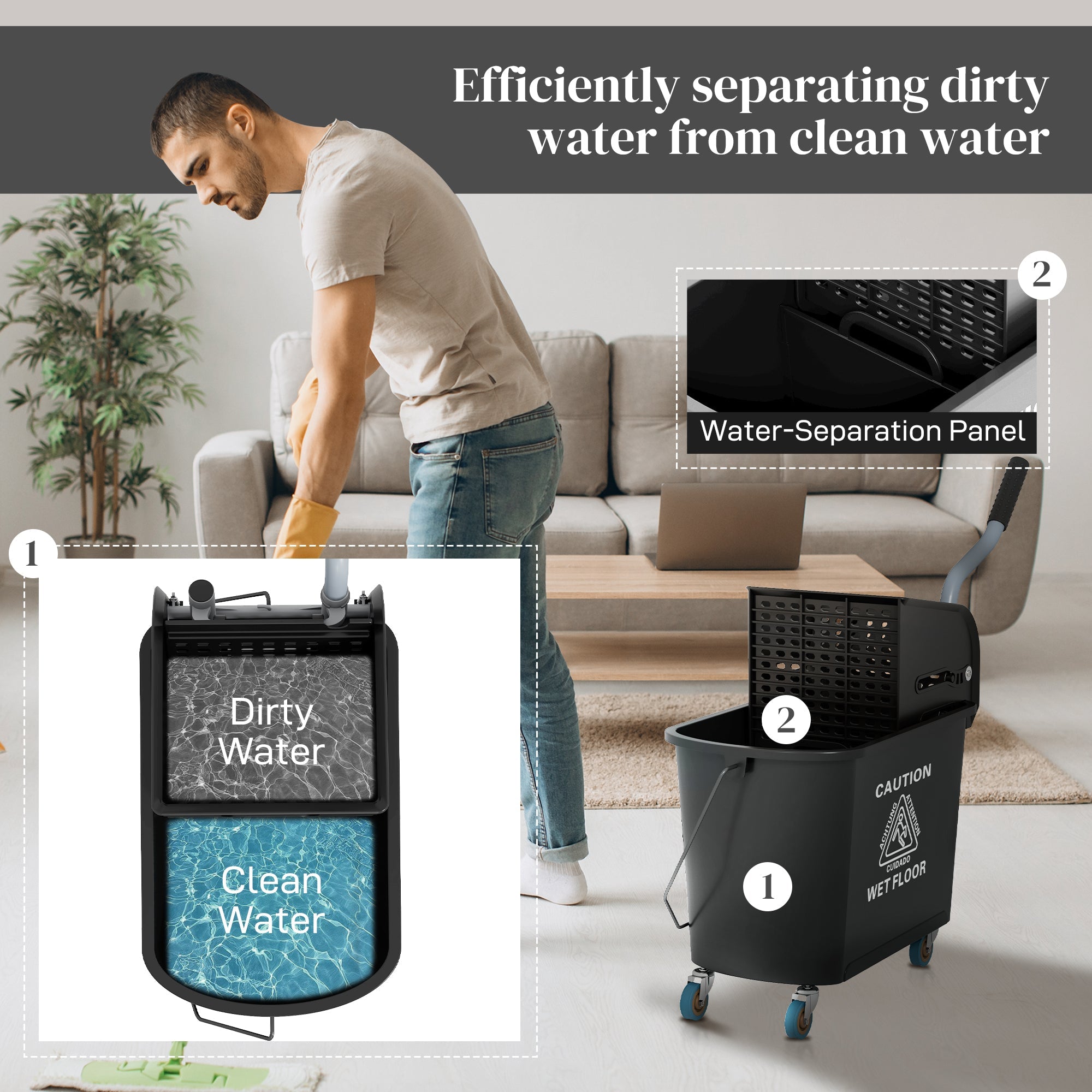 HOMCOM Mop Bucket with Wringer, Mop Bucket on Wheels for Floor Cleaning, 5 Gallon, Separate Dirty and Clean Water, Black