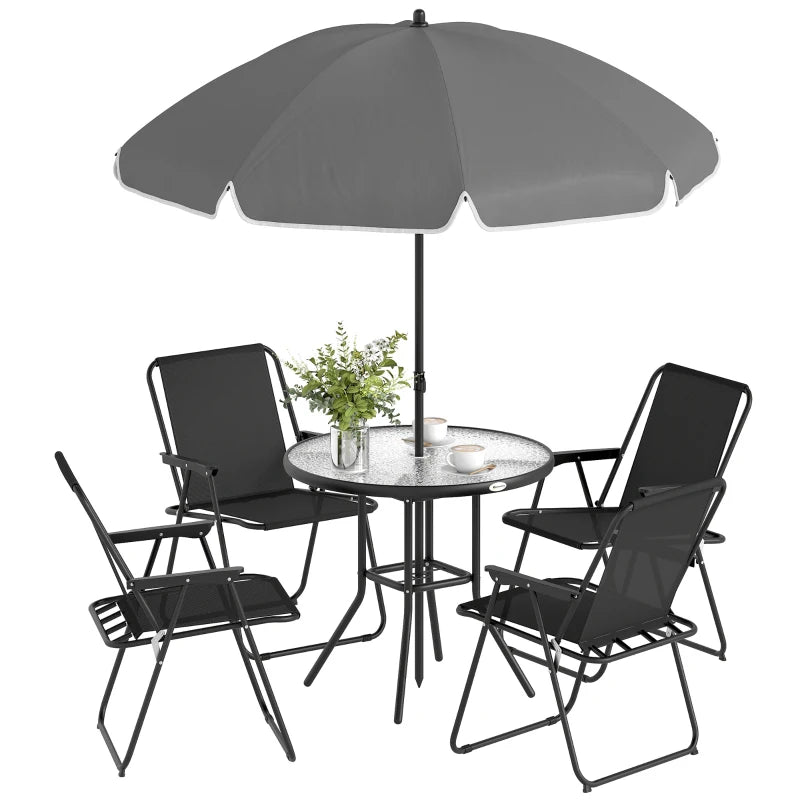 6 Pieces Patio Dining Set with Umbrella, Patio Furniture Set with Folding Chairs, Glass Table for Garden Backyard, Black