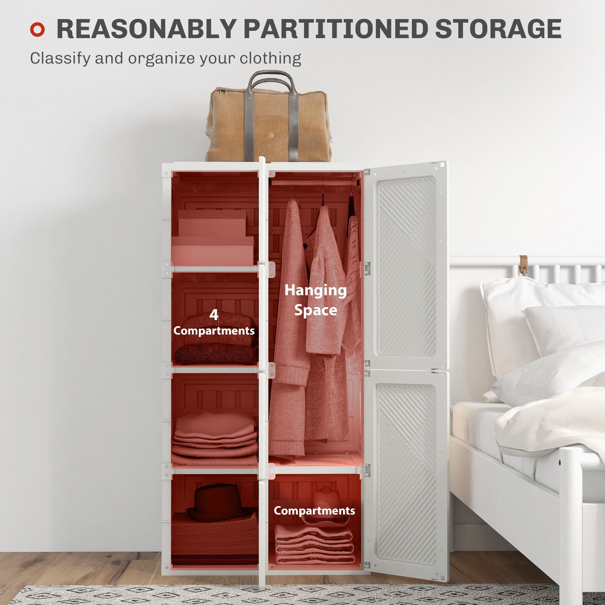 HOMCOM Portable Wardrobe, Foldable Clothes Storage Organzier with 4 Compartments, Hanging Rod, Magnet Doors, White