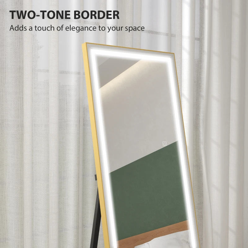 LED Mirror with Dimmable and 3 Colour Lights, 64" x 21" Rectangular Floor Mirror for Bedroom Living Room, Gold