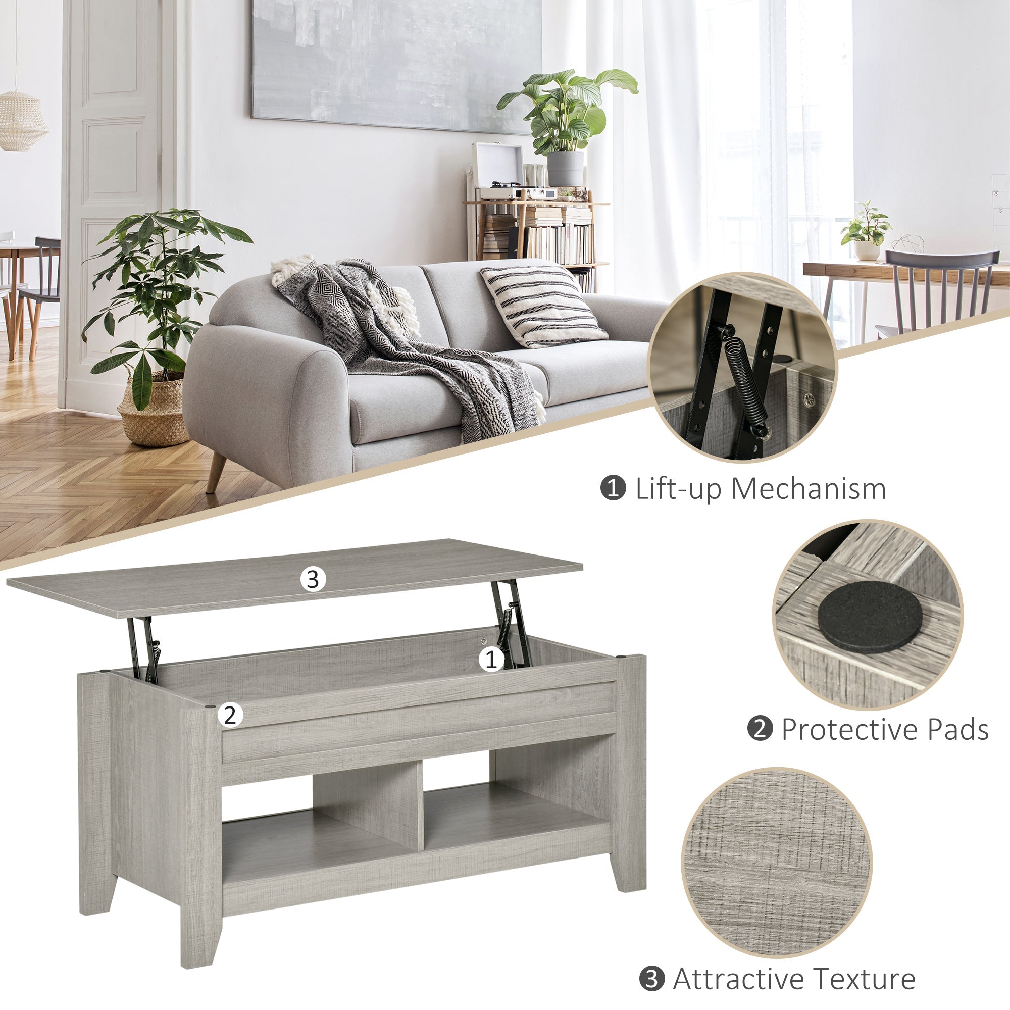 HOMCOM Light Grey Lift Top Coffee Table: Pop-Up Center Table with Hidden Storage, Open Shelves for Living Room