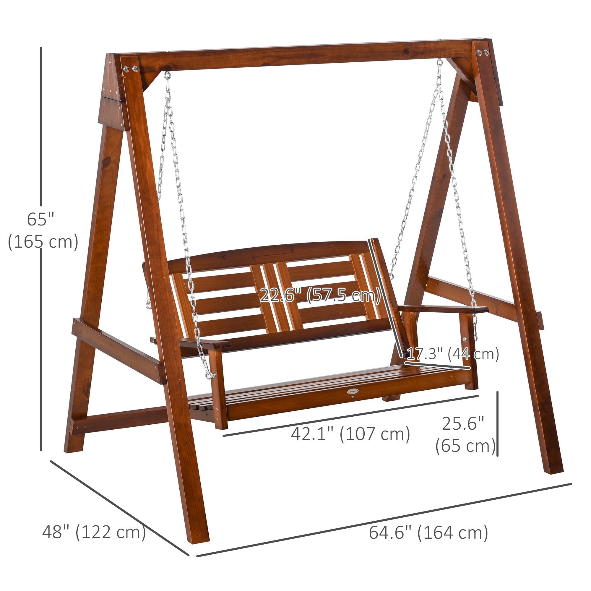 Outsunny 2 Seater Wooden Patio Swing with Stand Adjustable Chains for Garden Poolside Backyard
