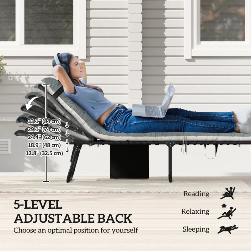 Outdoor Lounge Chair Set of 2, Folding Chaise Lounge Tanning Chair with Cushion, Side Pocket, Black/Grey
