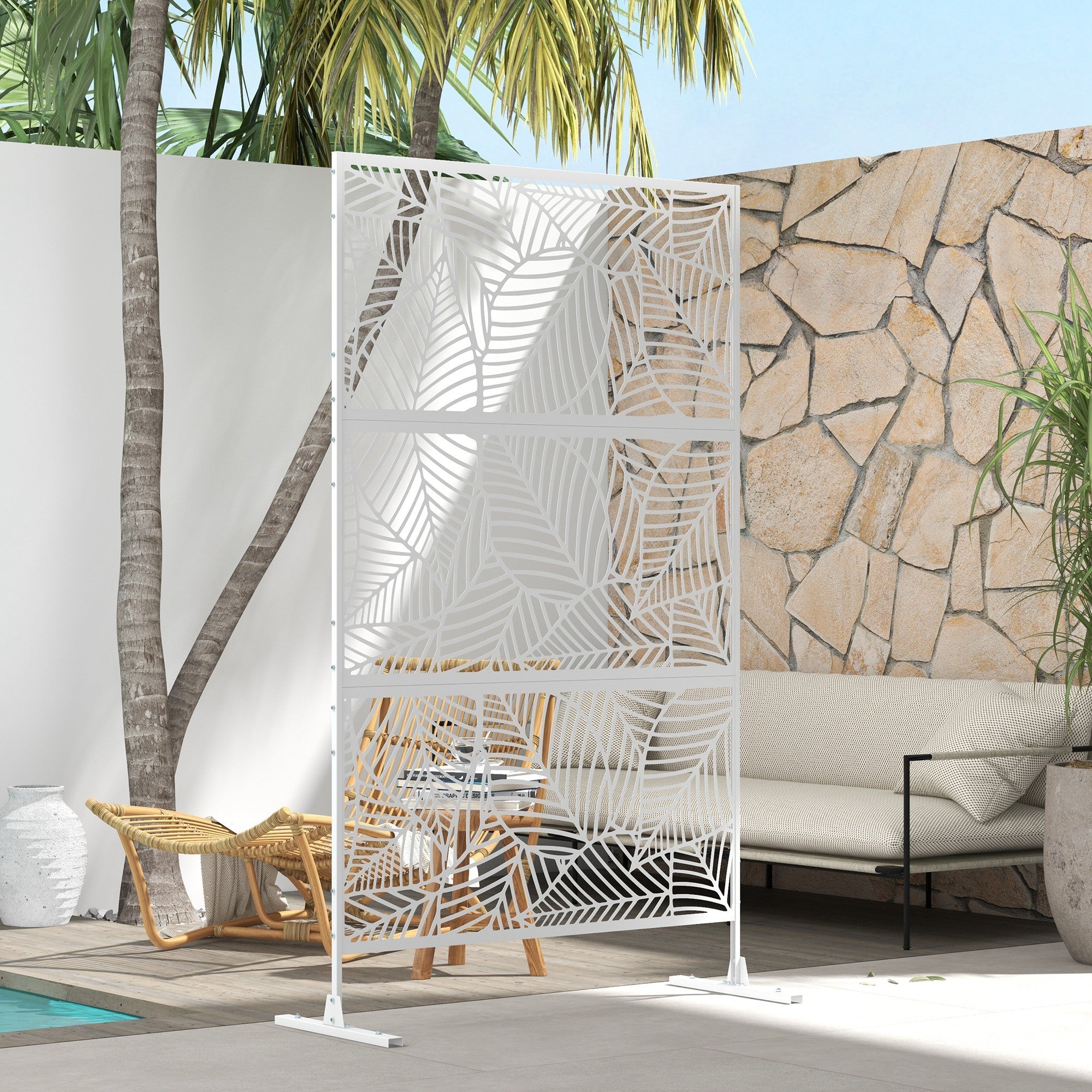 Outsunny 6.5FT Decorative Outdoor Divider, Metal Privacy Screen with Stand, Large Leaf Style, White