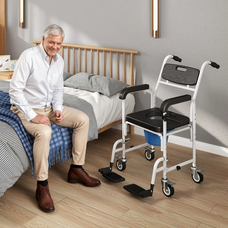 Rolling Shower Chair, Bedside Commode Chair with Wheels, Backrest, Arms, Flip Footrests for Seniors, Disabled, Black