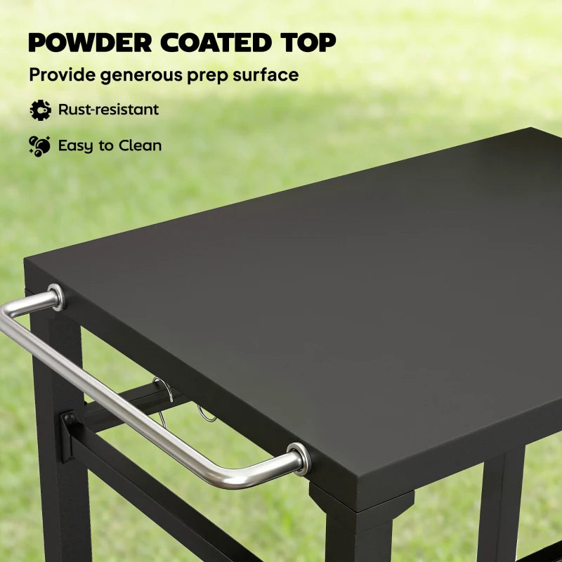 Outdoor Grill Cart, Pizza Oven Stand with Steel Top, 2-Tier Kitchen Prep Station with Hooks, Handle, Wheels, Black