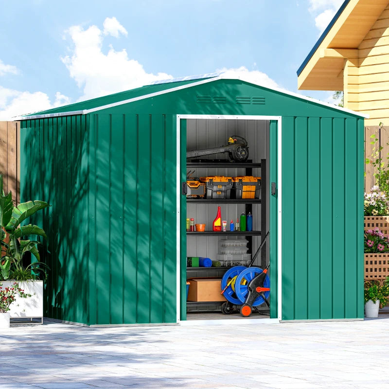 8' x 6' Outdoor Storage Shed, Metal Garden Tool Storage House with Lockable Sliding Doors and Vents, Green