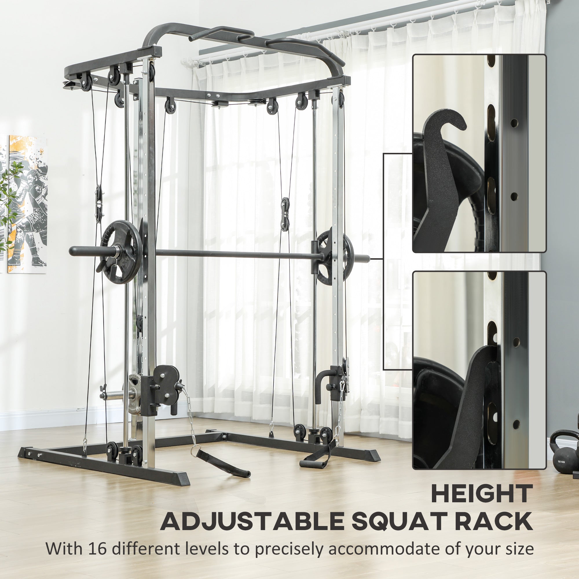 Soozier 3 In 1 Smith Machine Power Rack with Cable Crossover System, Pull up Station, 16-Level Squat Rack and Barbell Bar