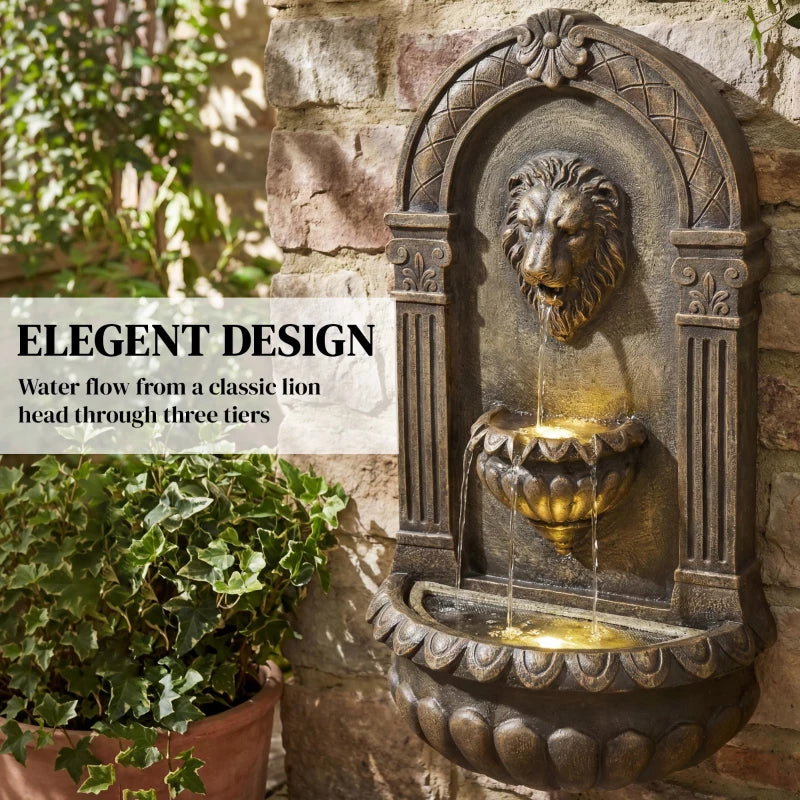 Wall-Mounted 3-Tier Outdoor Fountain, Resin Cascading Waterfall with LED Lights and Adjustable Flow, Rustic Brown