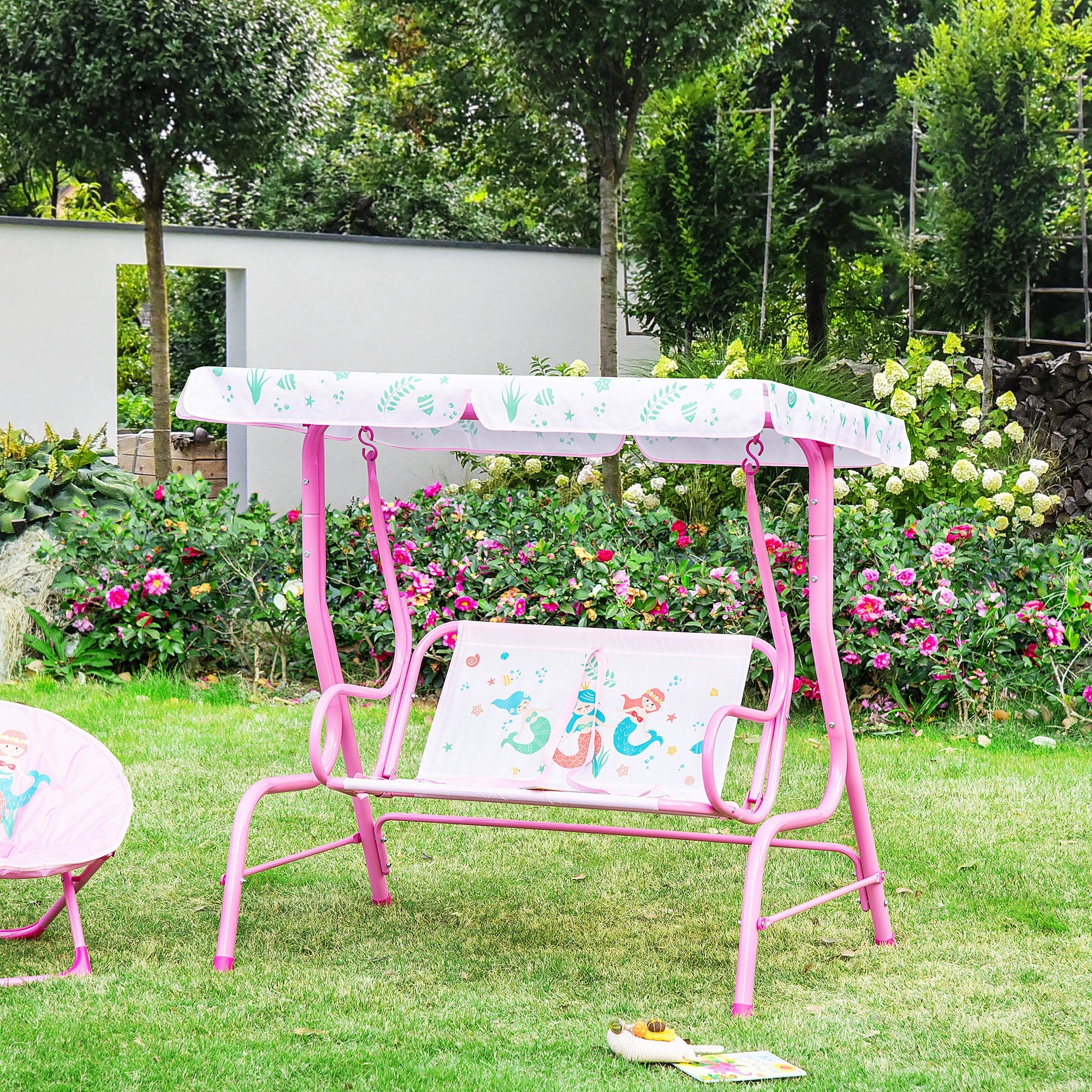 Outsunny 2-Seat Kid Swing with Canopy Mermaid Pattern Pink Outdoor Patio Chair Adjustable Awning
