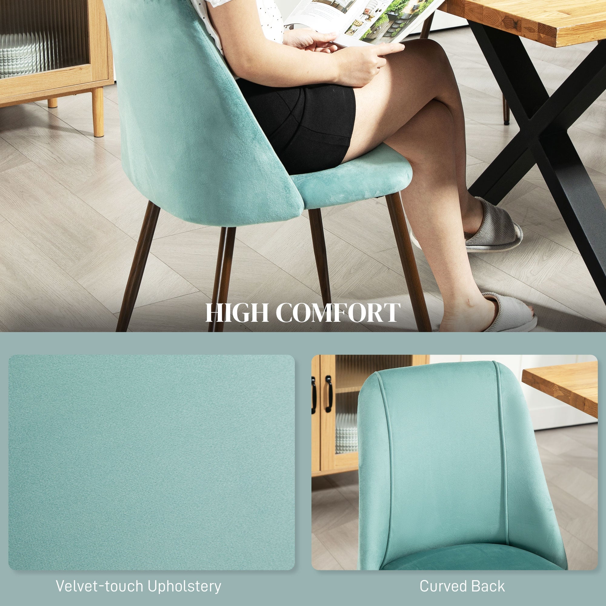 HOMCOM Upholstered Dining Chairs Set of 4, Velvet Accent Chair with Back and Wood-grain Steel Leg for Kitchen, Light Green