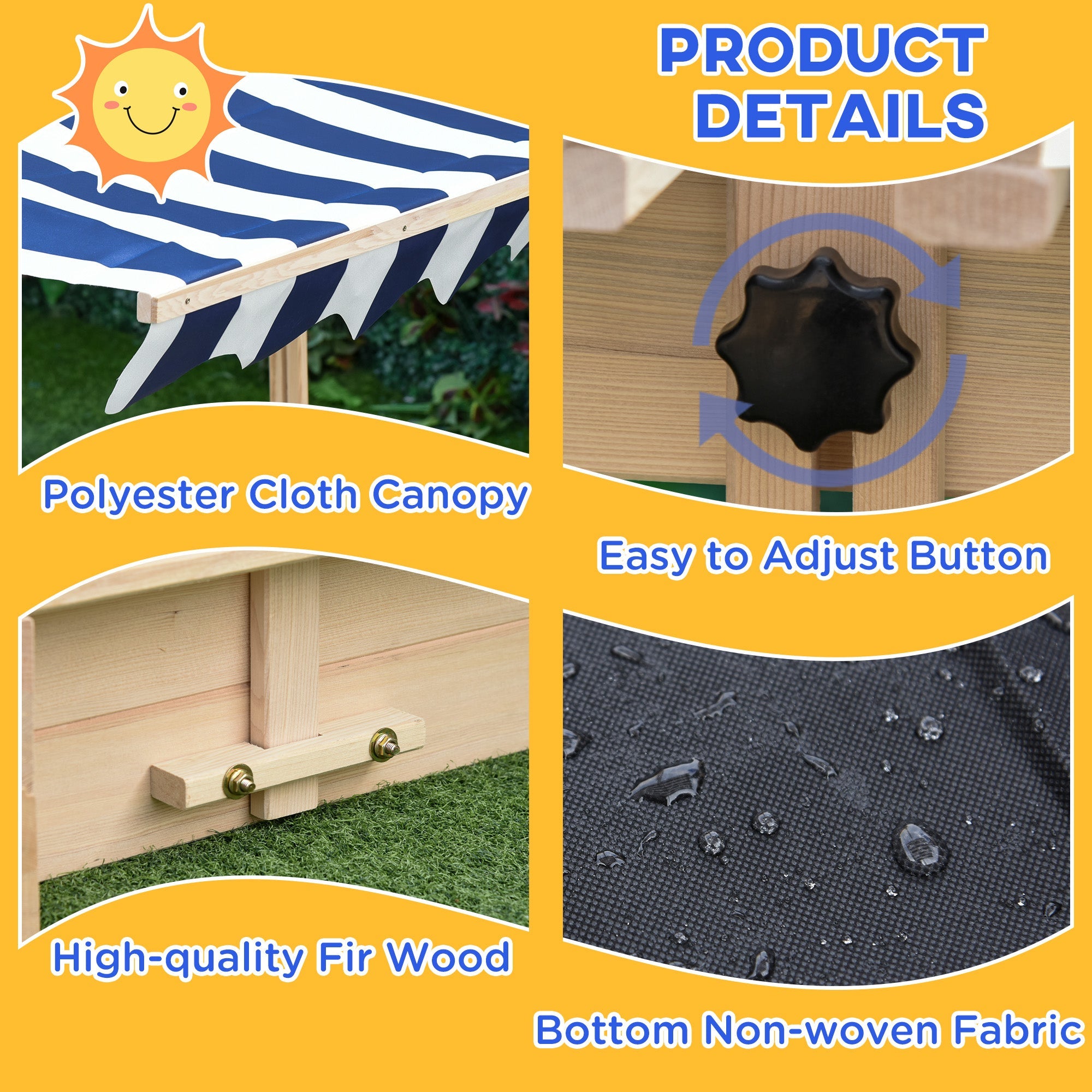 Outsunny Wooden Sandbox for Kids with Adjustable Canopy and Convertible Bench, Outdoor Playset - Sand