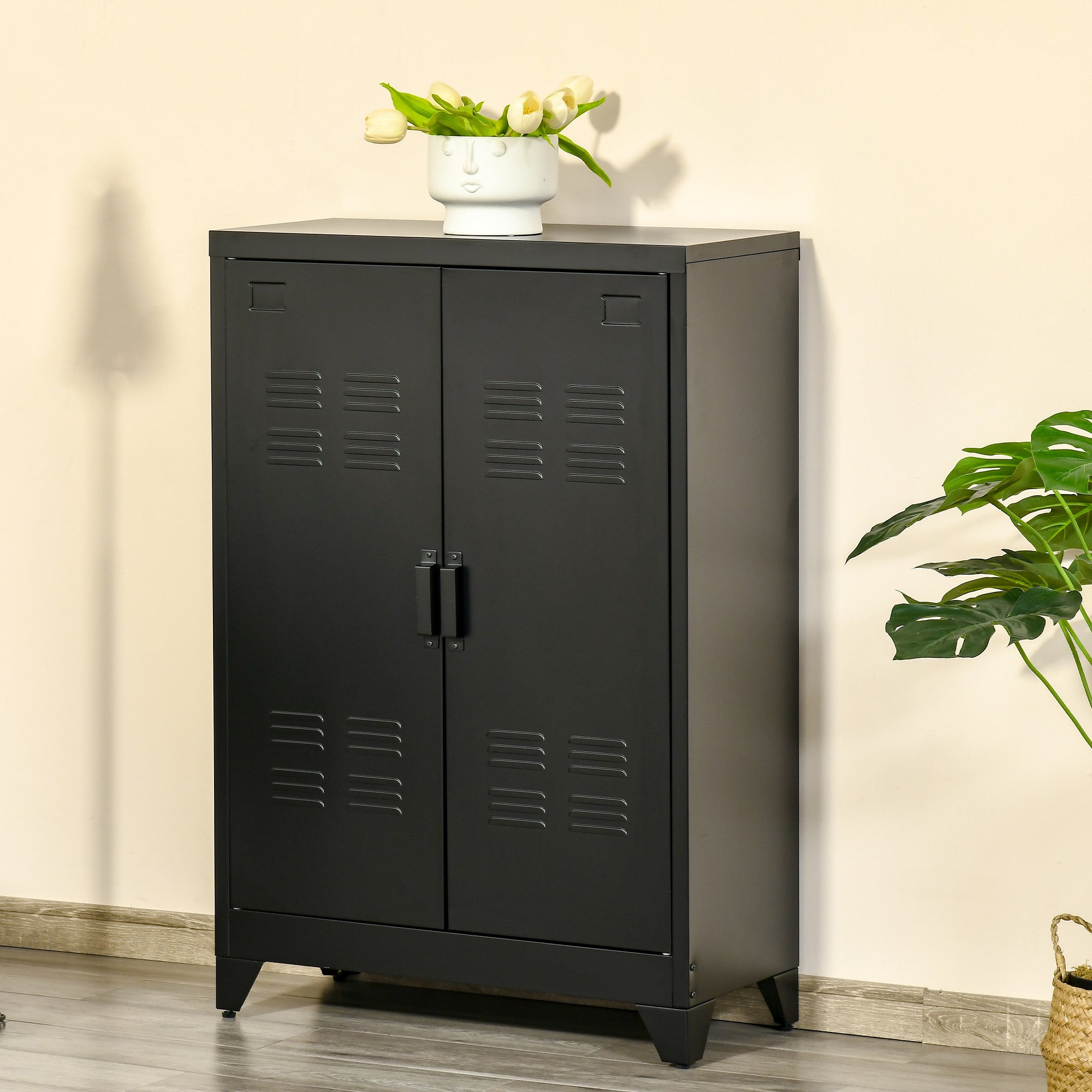 HOMCOM Storage Solution: 3-Tier Steel Storage Cabinet with 2 Louvered Doors, Black Finish for Office Garage Warehouse